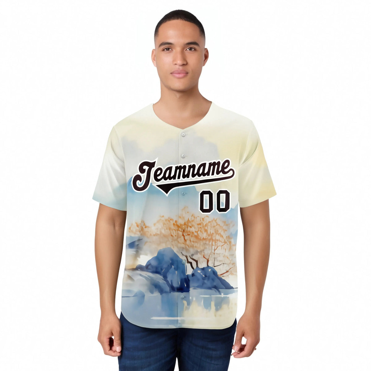 Custom White Brown Light Blue Authentic Printed Fashion Baseball Jersey