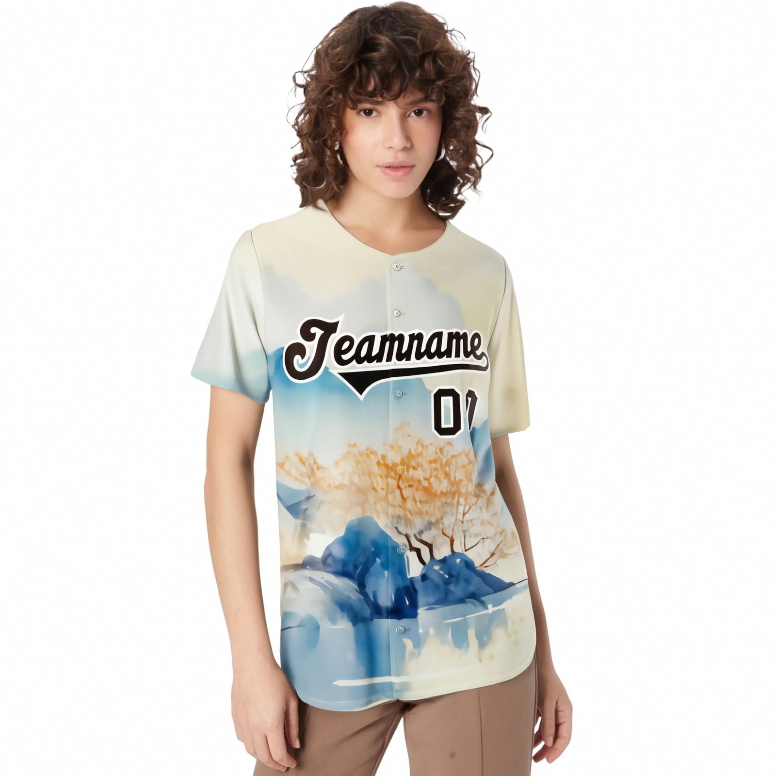 Custom White Brown Light Blue Authentic Printed Fashion Baseball Jersey