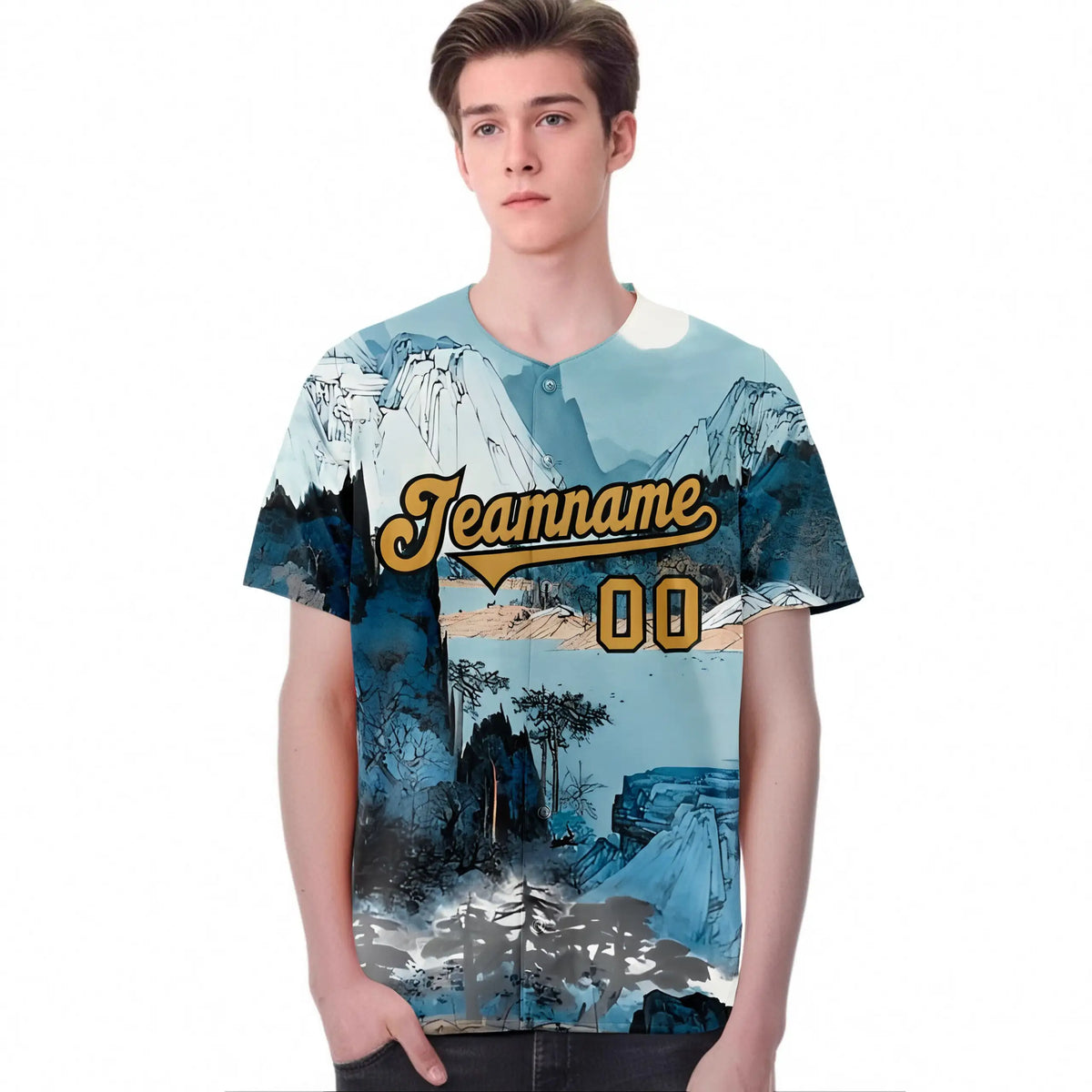 Custom White Brown Light Blue Authentic Printed Fashion Baseball Jersey