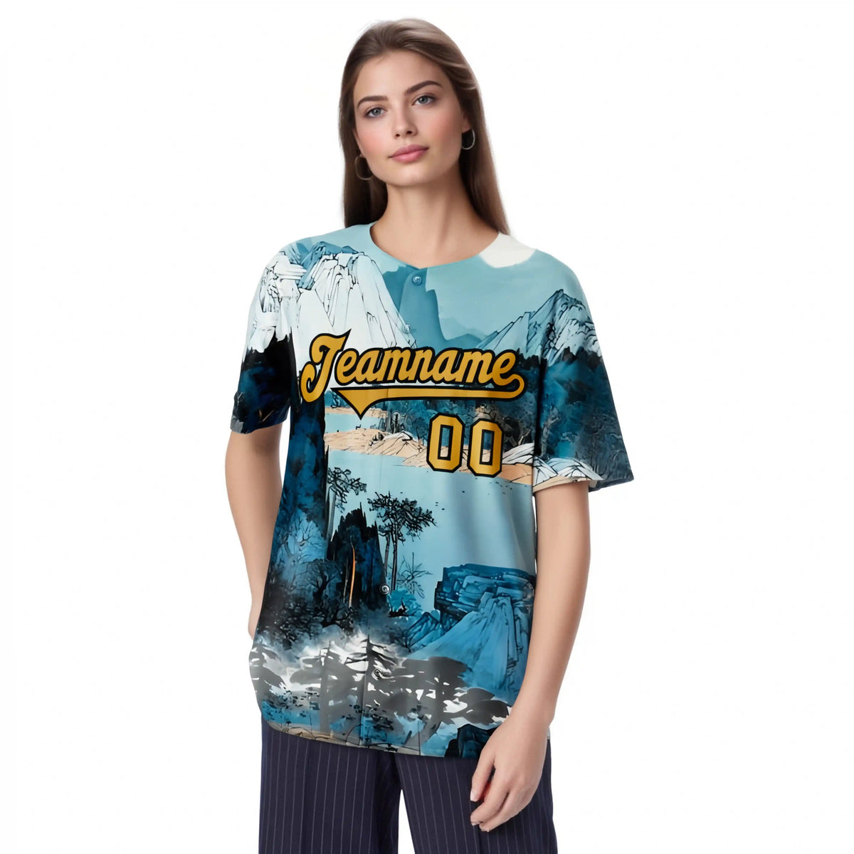 Custom White Brown Light Blue Authentic Printed Fashion Baseball Jersey