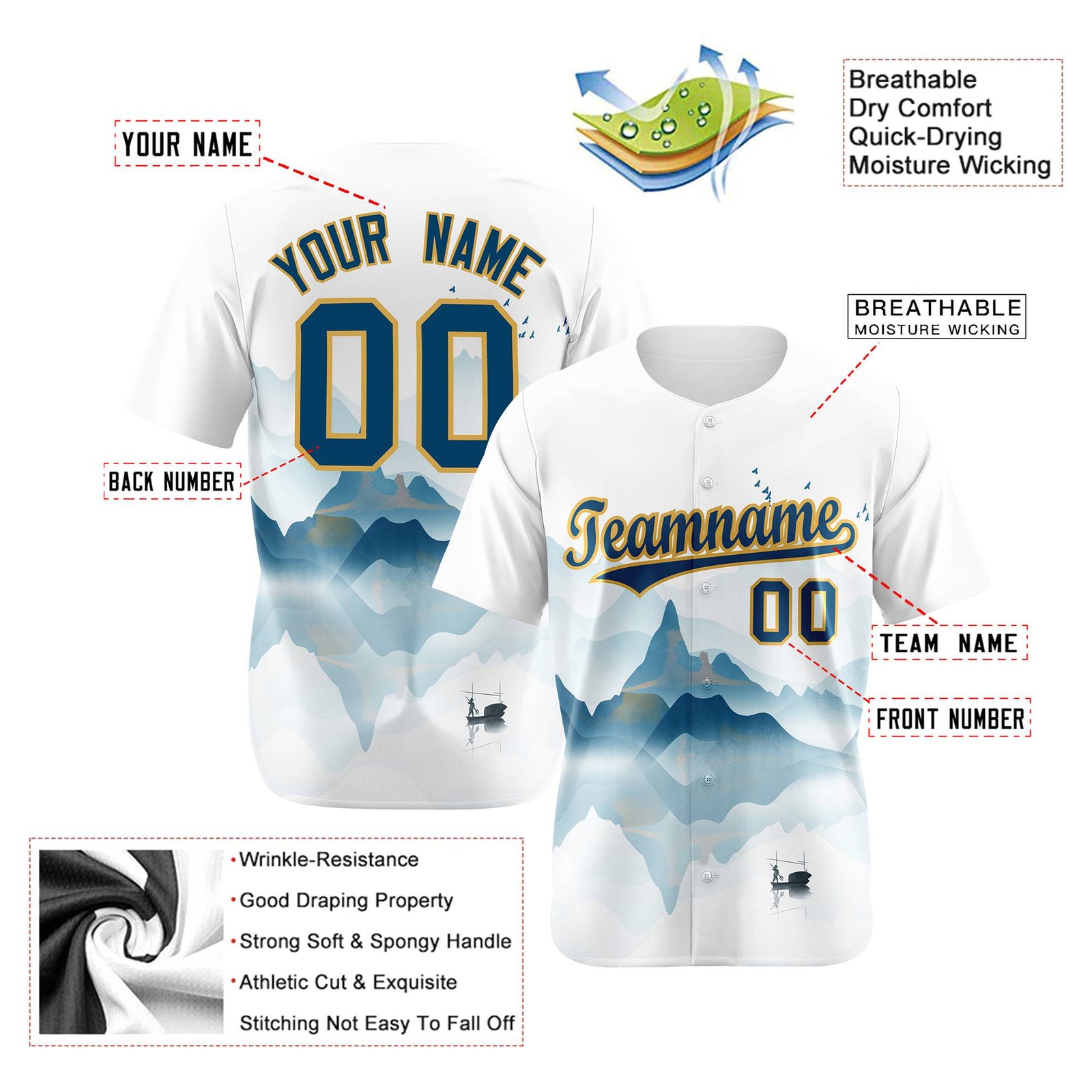 Custom White Light Blue Gold Authentic Printed Fashion Baseball Jersey