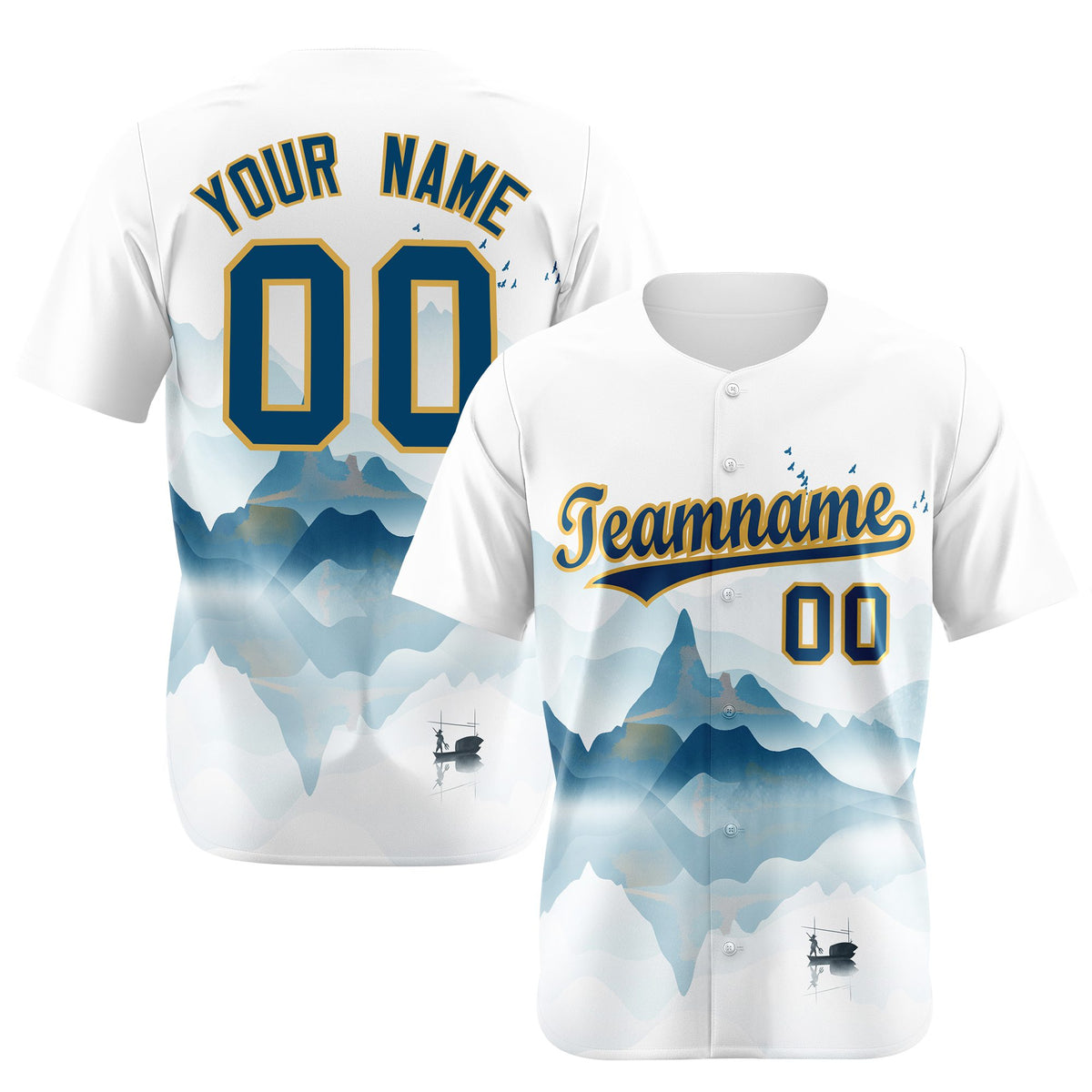 Custom White Light Blue Gold Authentic Printed Fashion Baseball Jersey