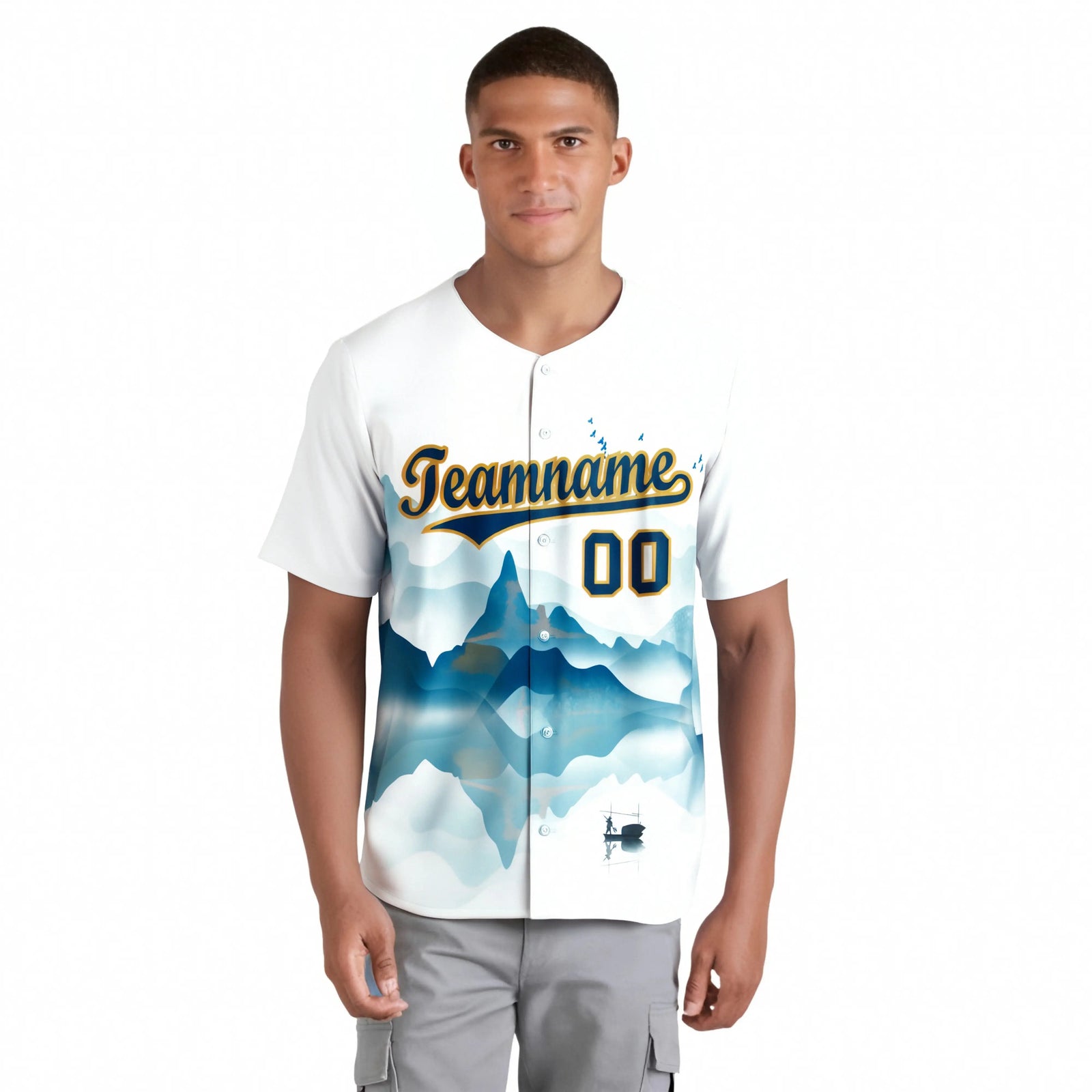 Custom White Light Blue Gold Authentic Printed Fashion Baseball Jersey