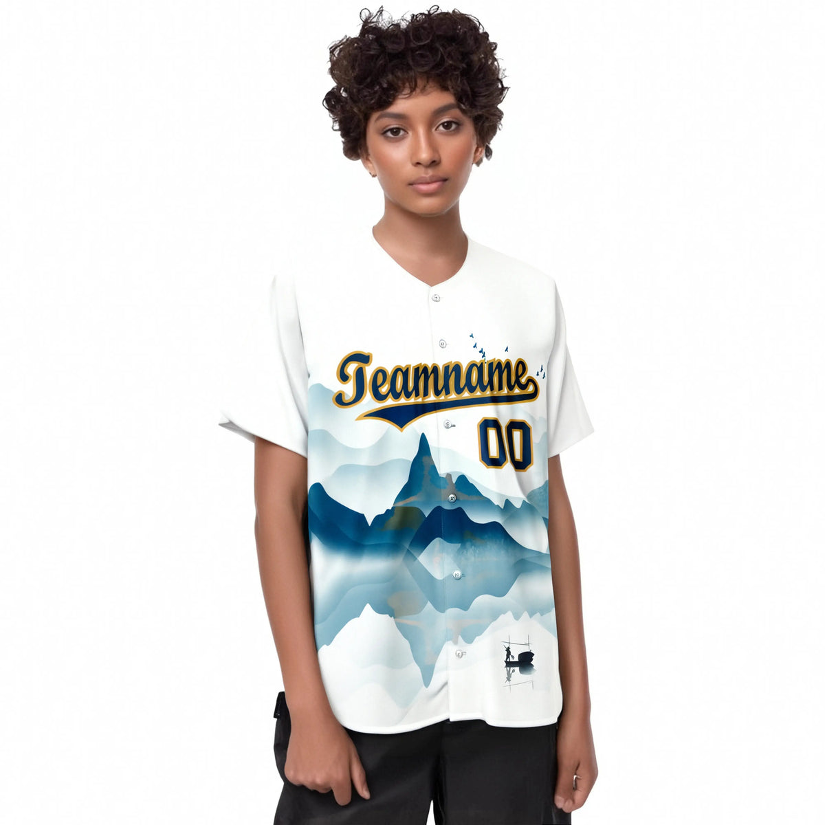 Custom White Light Blue Gold Authentic Printed Fashion Baseball Jersey
