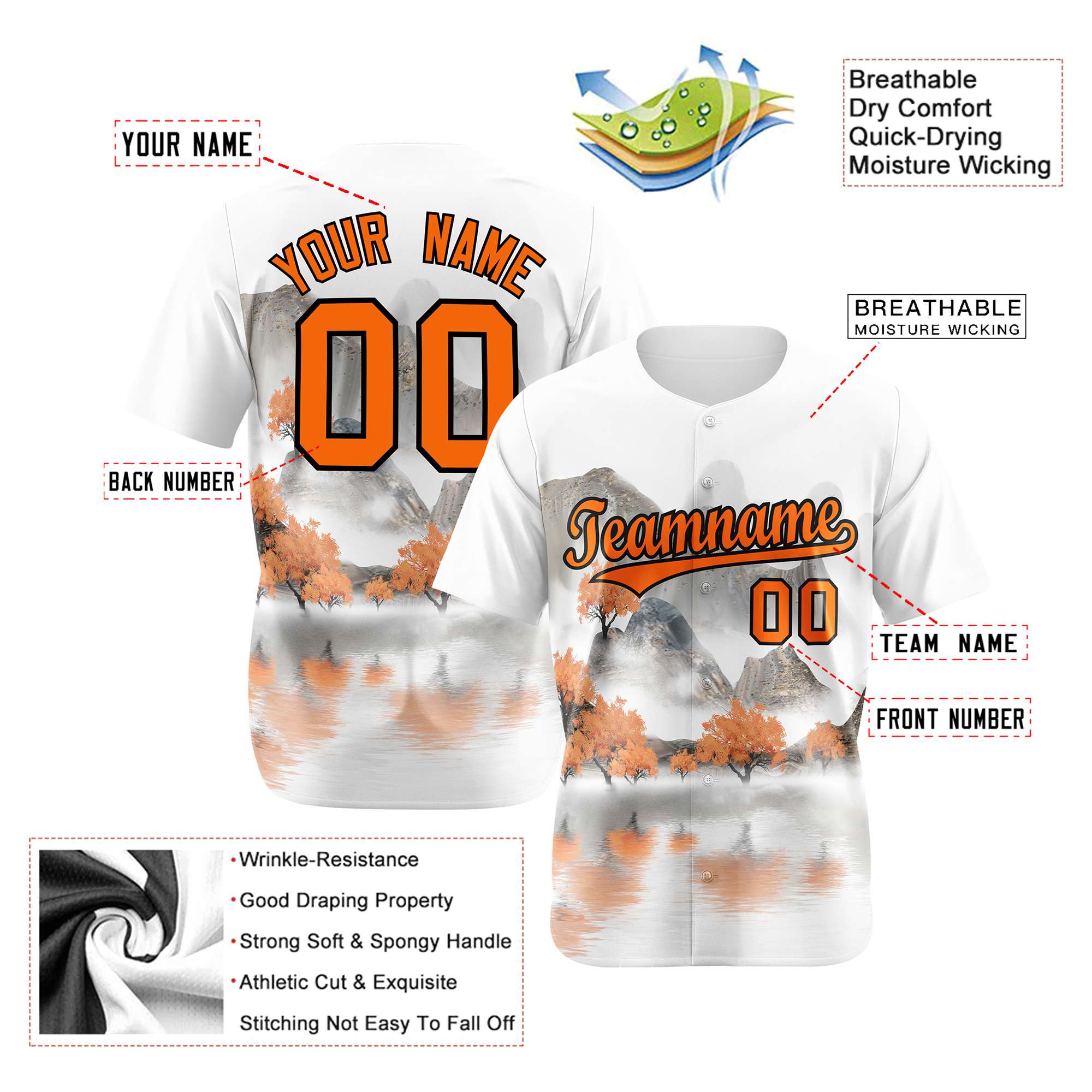 Custom White Orange Black Authentic Printed Fashion Baseball Jersey