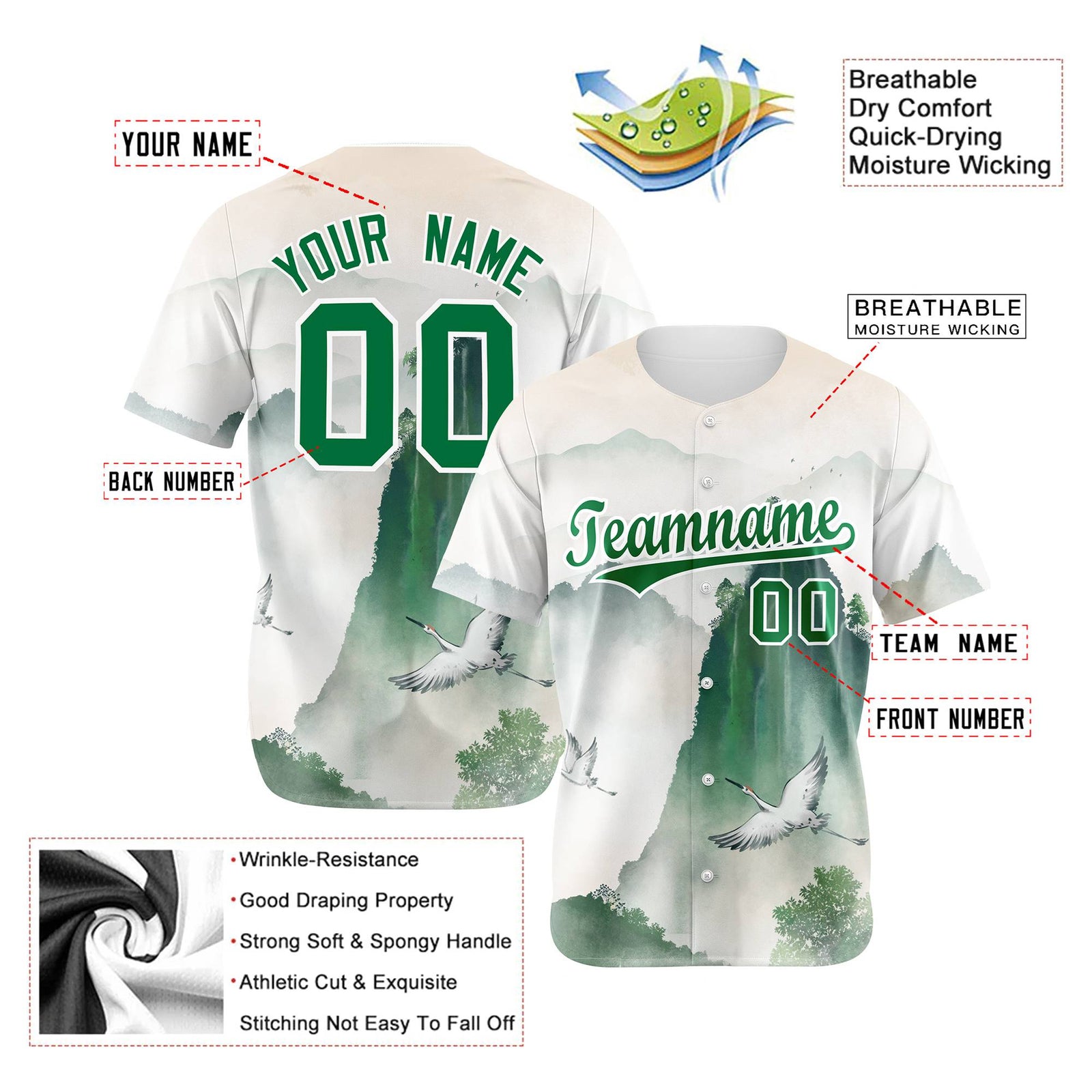 Custom White Green White Authentic Printed Fashion Baseball Jersey