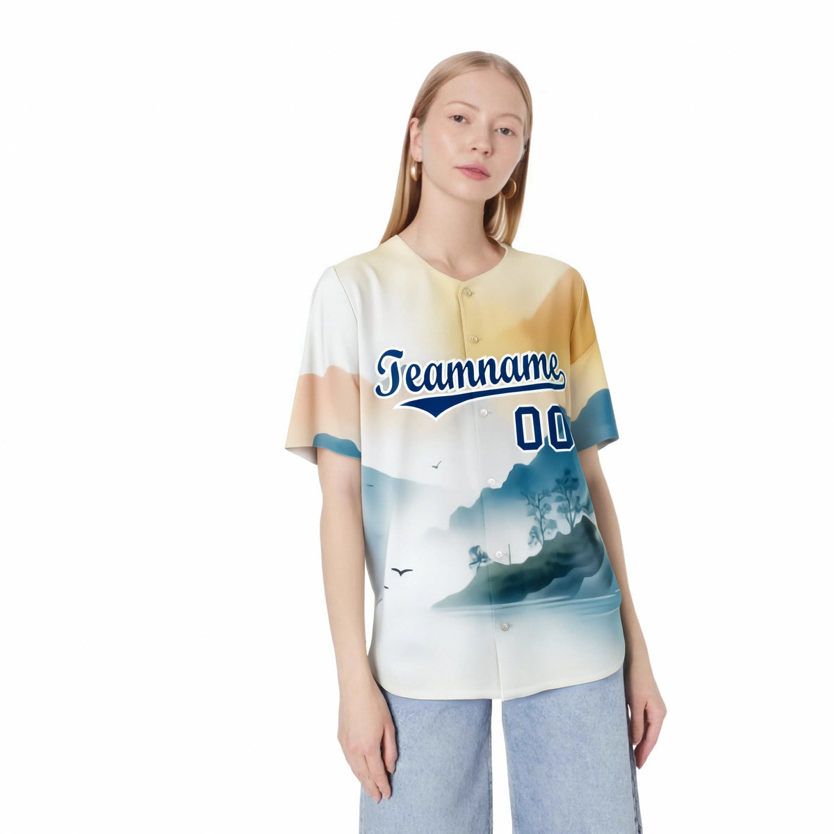 Custom White Light Blue Orange Authentic Printed Fashion Baseball Jersey