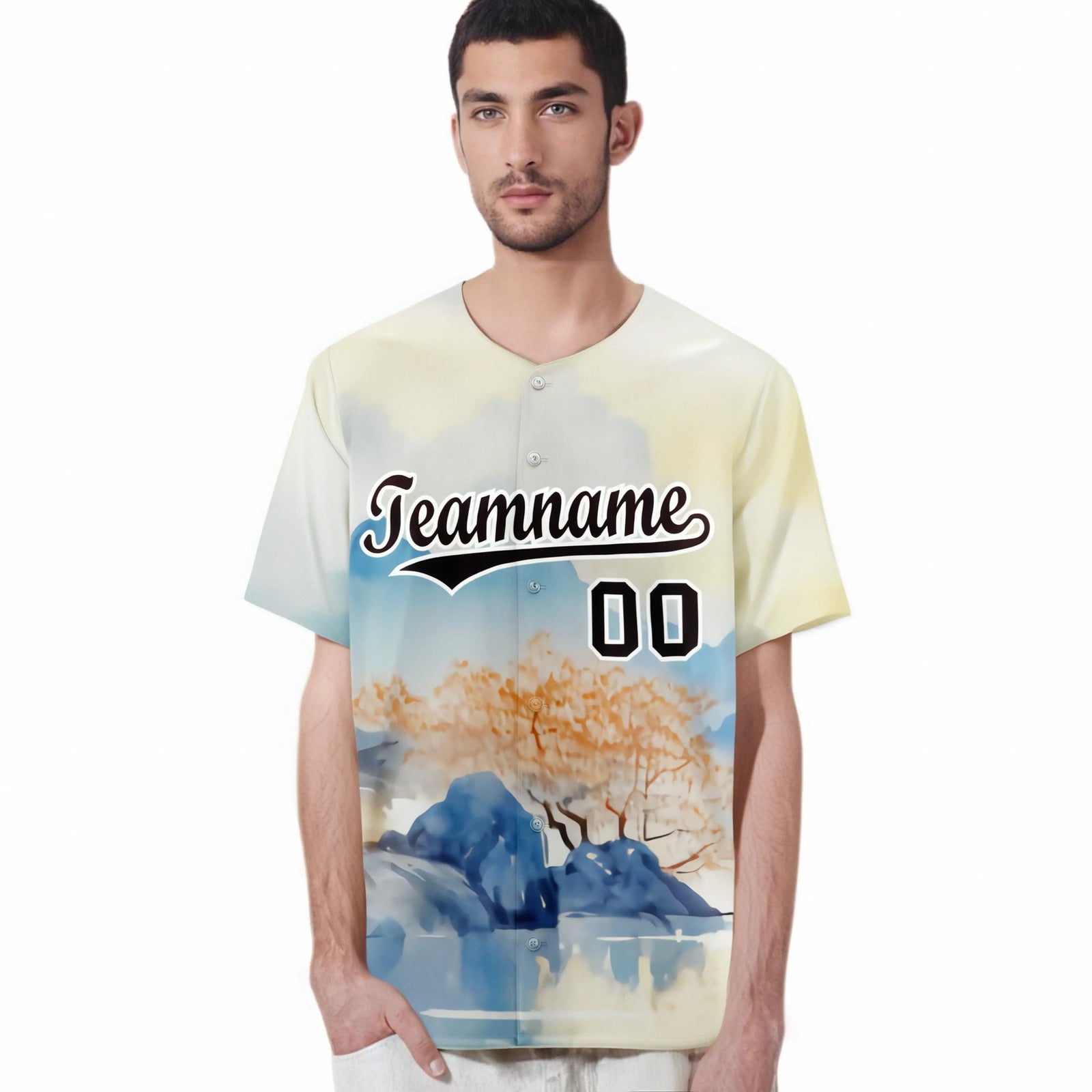 Custom White Brown Light Blue Authentic Printed Fashion Baseball Jersey