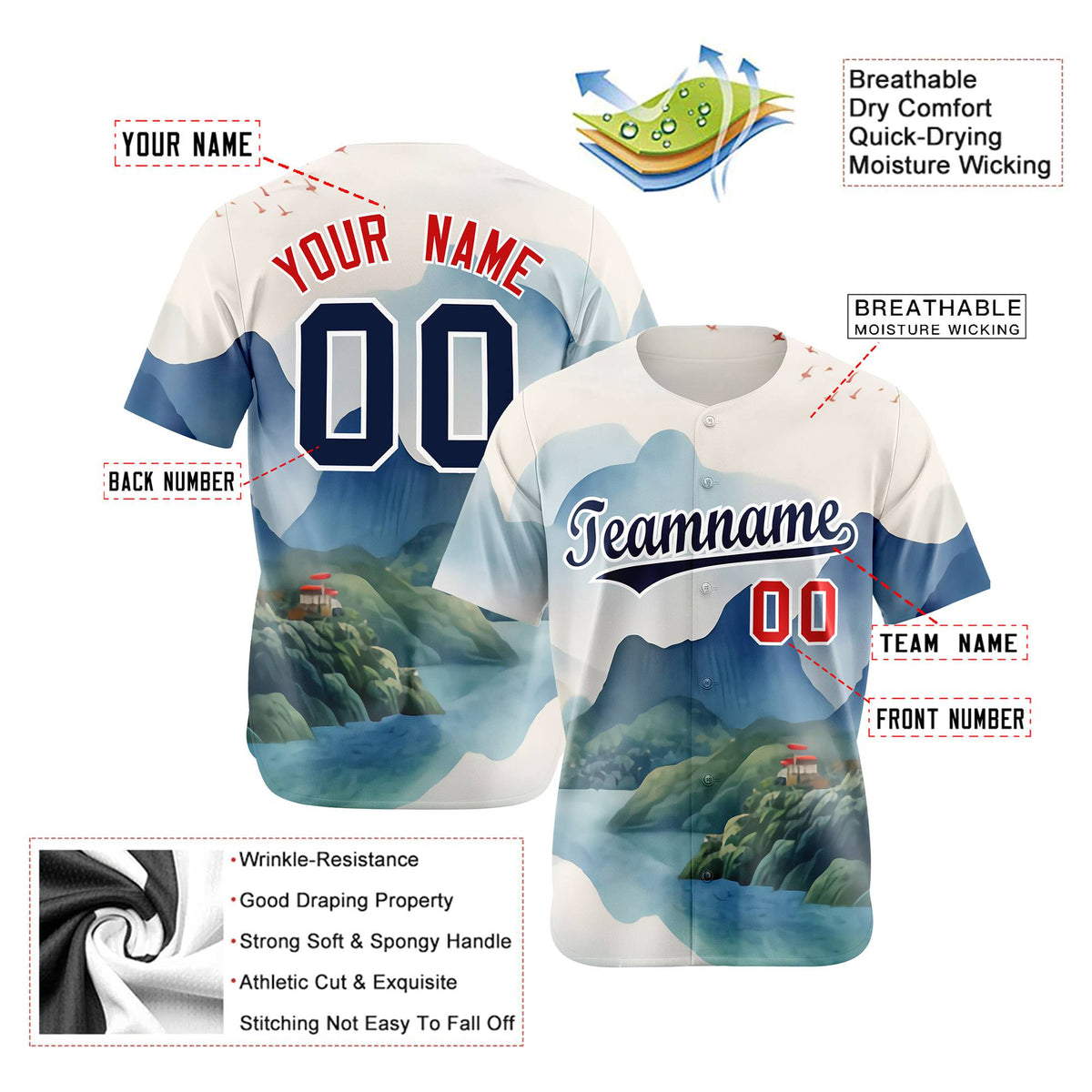 Custom White Navy Light Blue Authentic Printed Fashion Baseball Jersey