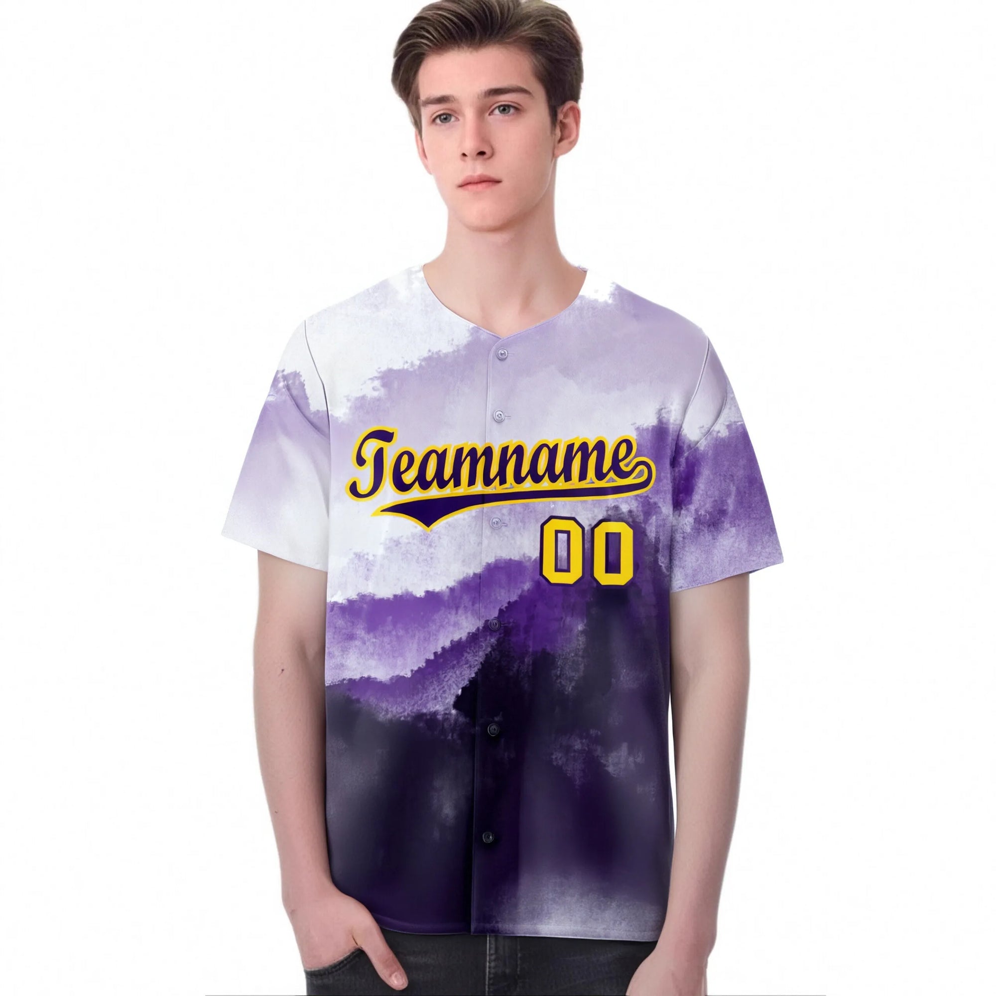 Custom White Purple Gold Authentic Printed Fashion Baseball Jersey