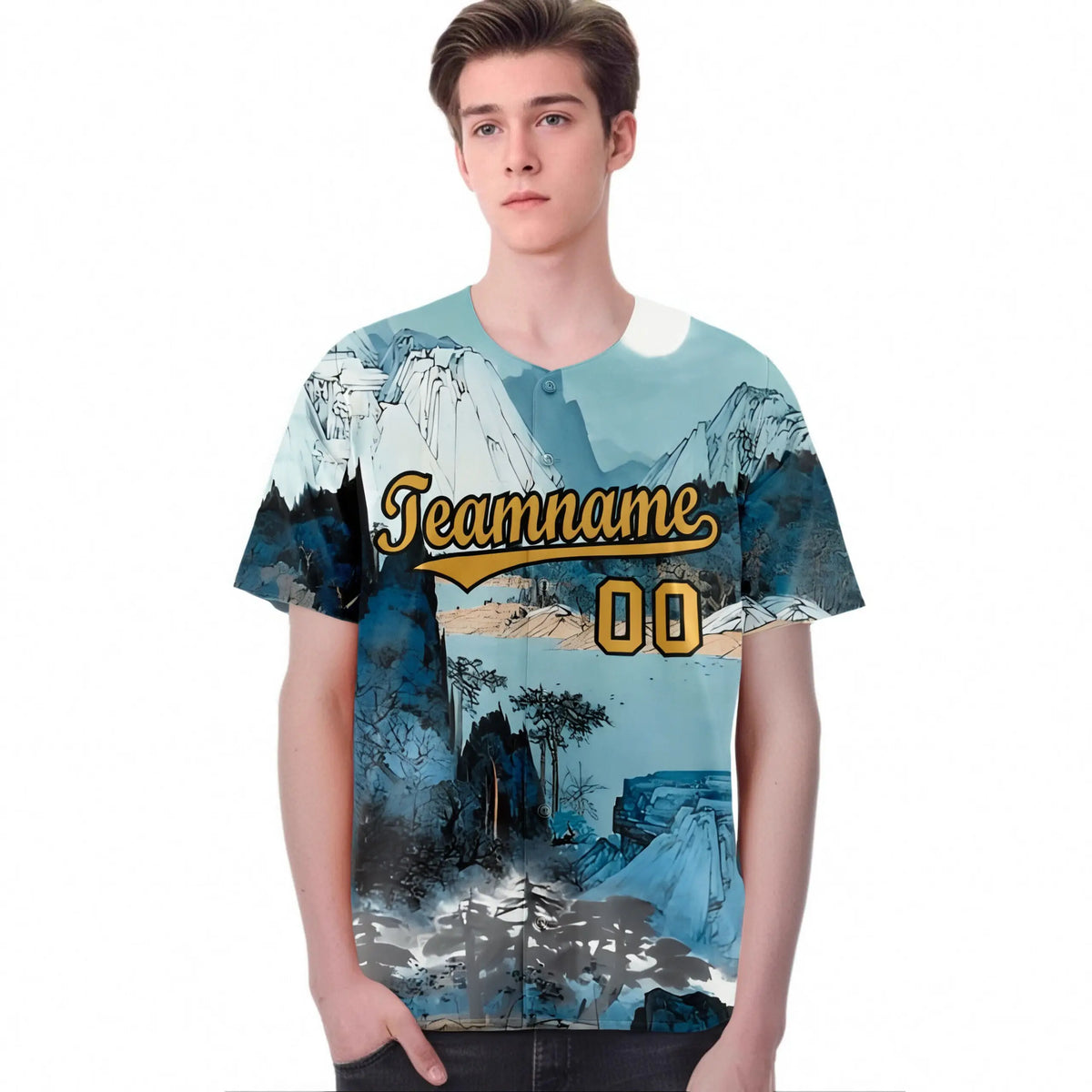 Custom White Brown Light Blue Authentic Printed Fashion Baseball Jersey