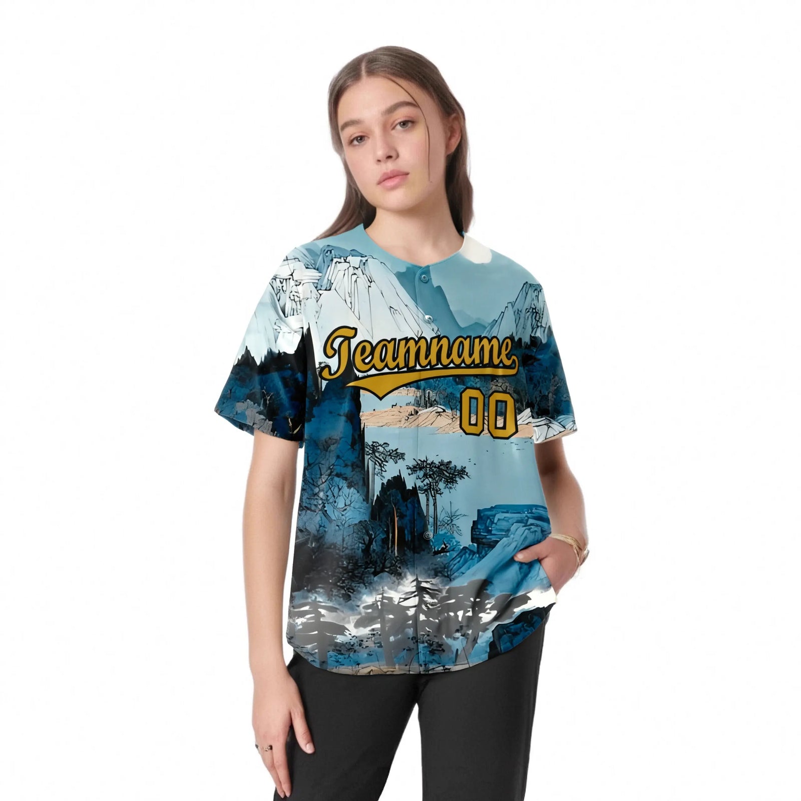 Custom White Brown Light Blue Authentic Printed Fashion Baseball Jersey