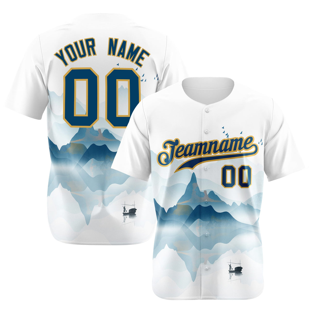 Custom White Light Blue Gold Authentic Printed Fashion Baseball Jersey