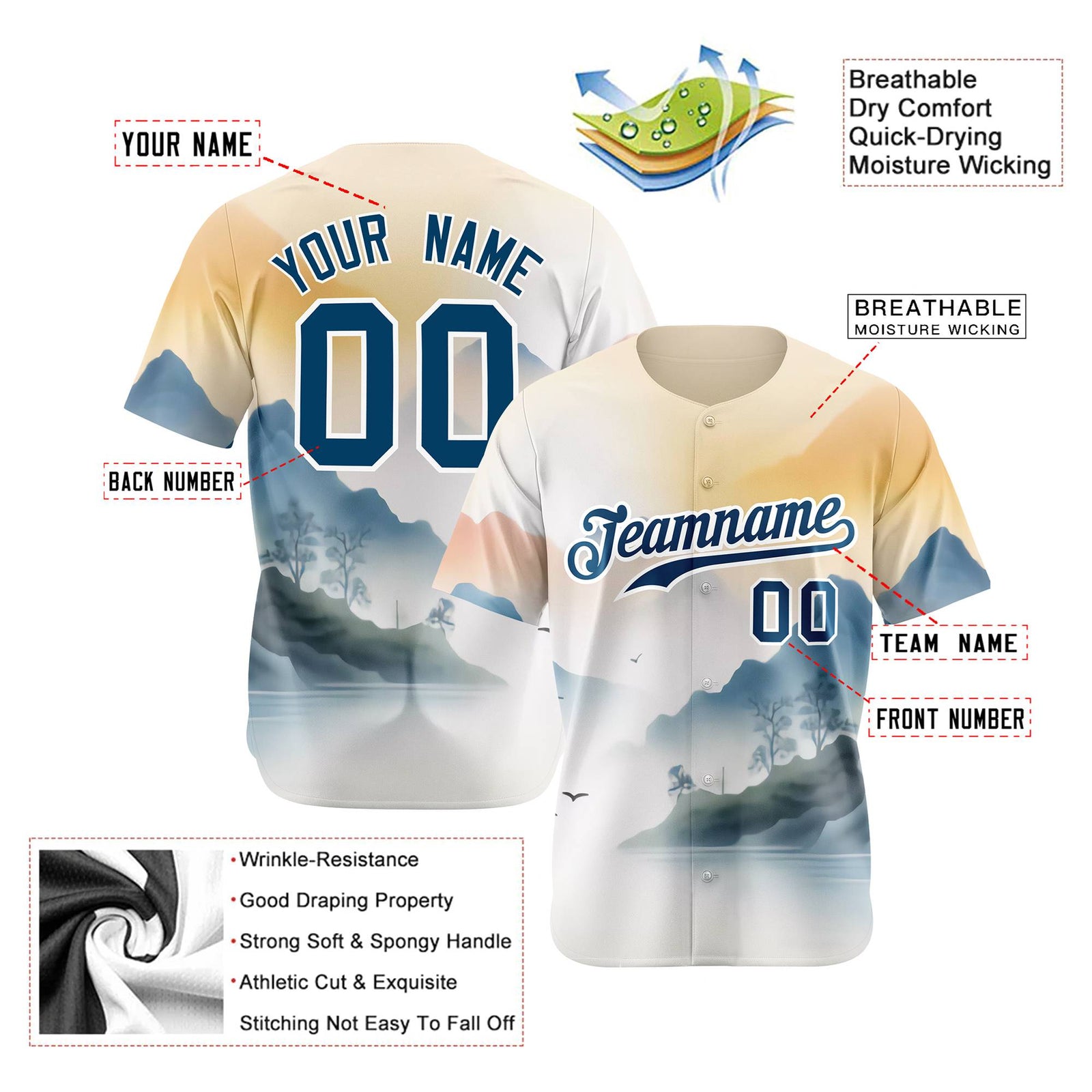 Custom White Light Blue Orange Authentic Printed Fashion Baseball Jersey
