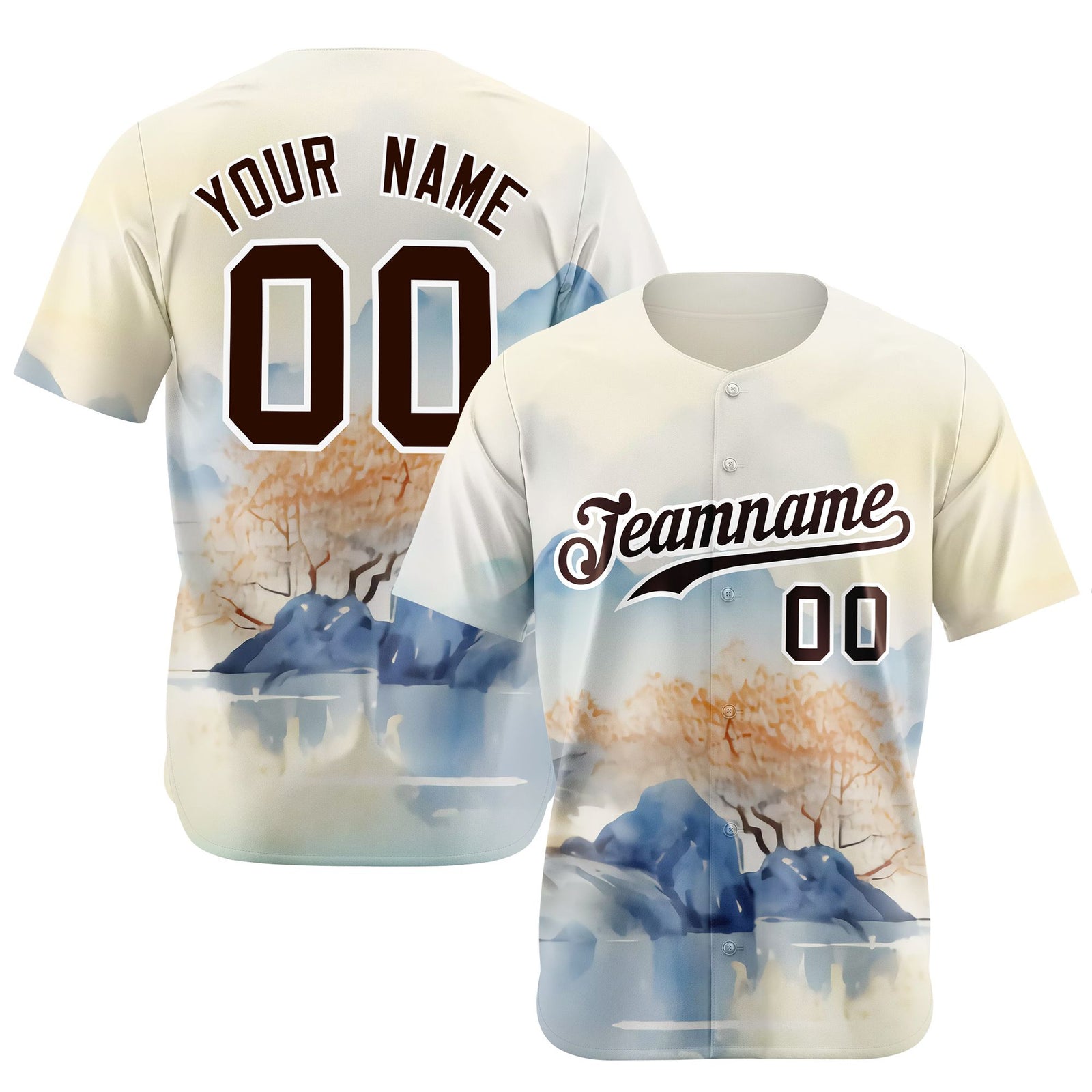Custom White Brown Light Blue Authentic Printed Fashion Baseball Jersey
