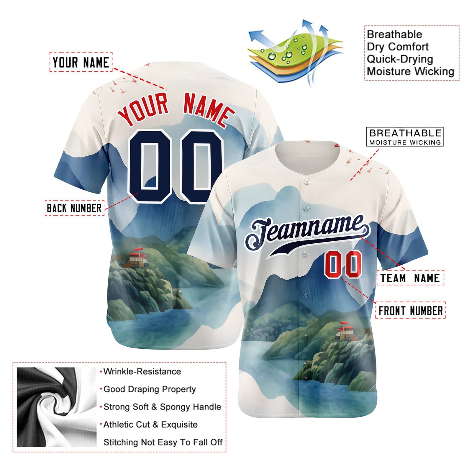 Custom White Navy Light Blue Authentic Printed Fashion Baseball Jersey