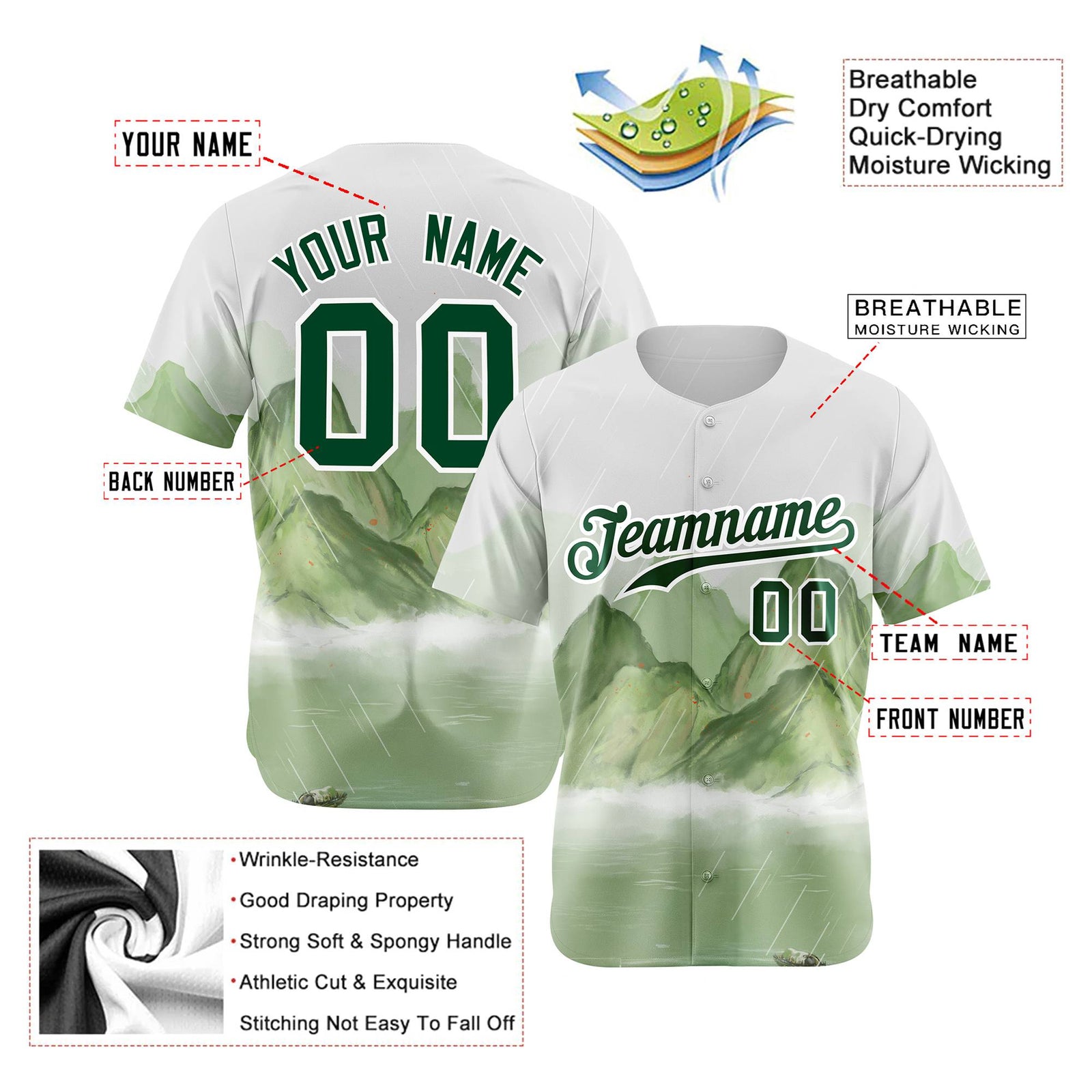 Custom White Kelly Green Authentic Printed Fashion Baseball Jersey