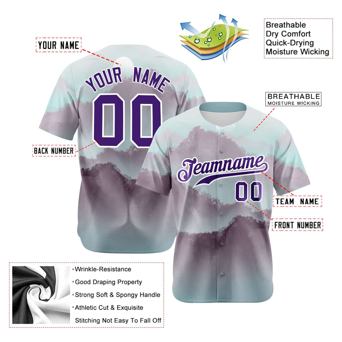 Custom White Purple Gray Authentic Printed Fashion Baseball Jersey