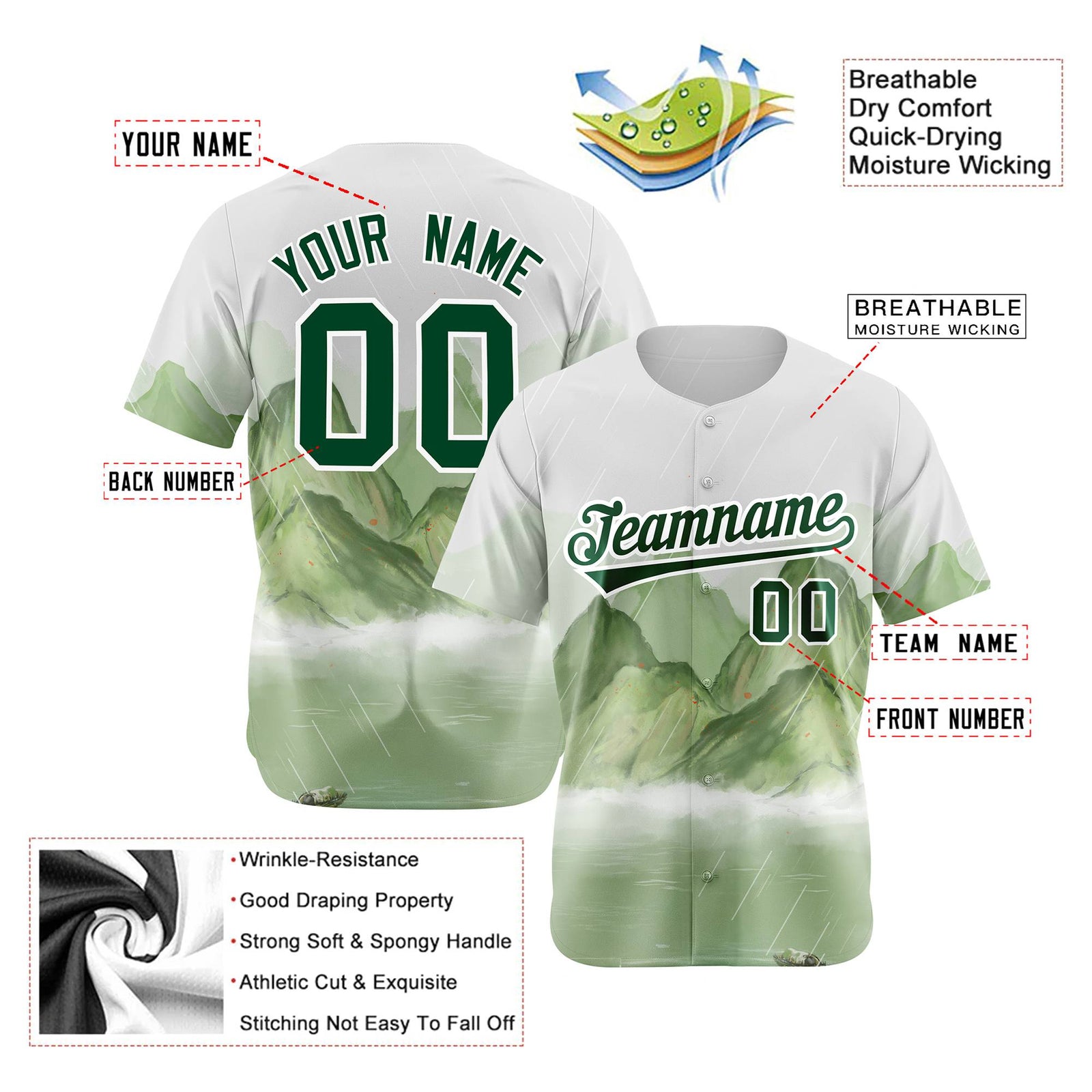 Custom White Kelly Green Authentic Printed Fashion Baseball Jersey