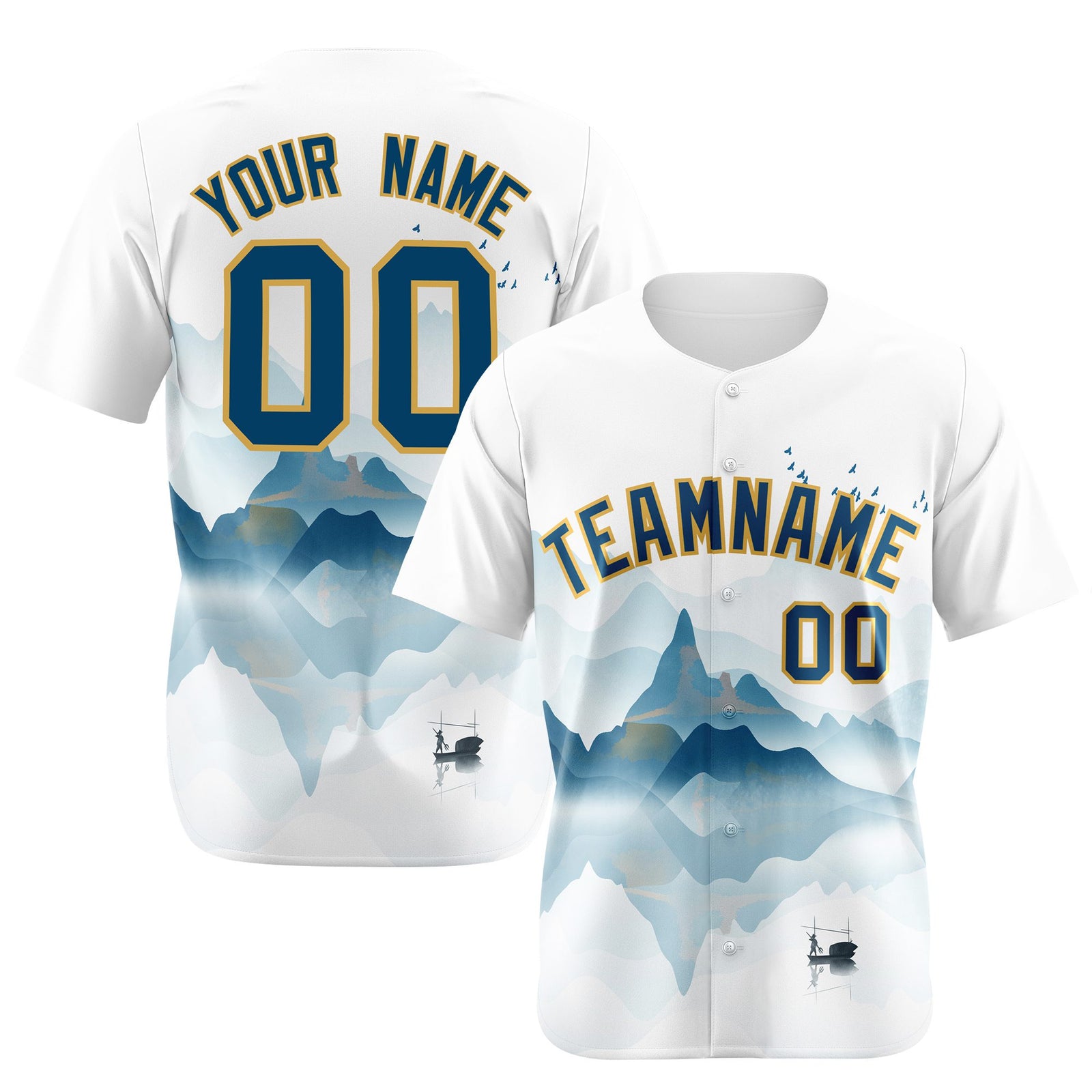 Custom White Light Blue Gold Authentic Printed Fashion Baseball Jersey
