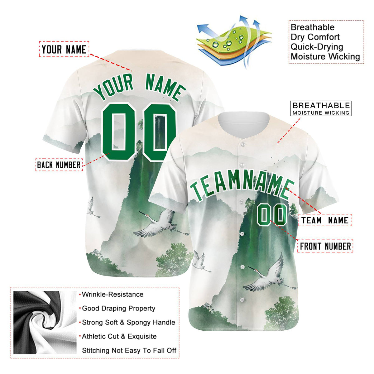 Custom White Green White Authentic Printed Fashion Baseball Jersey