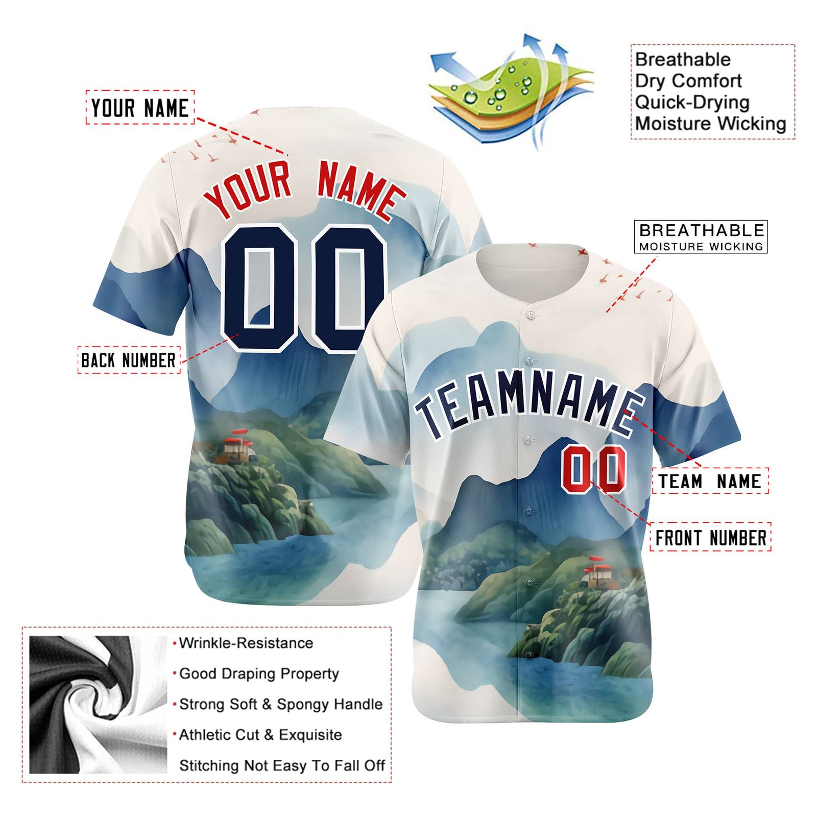 Custom White Navy Light Blue Authentic Printed Fashion Baseball Jersey