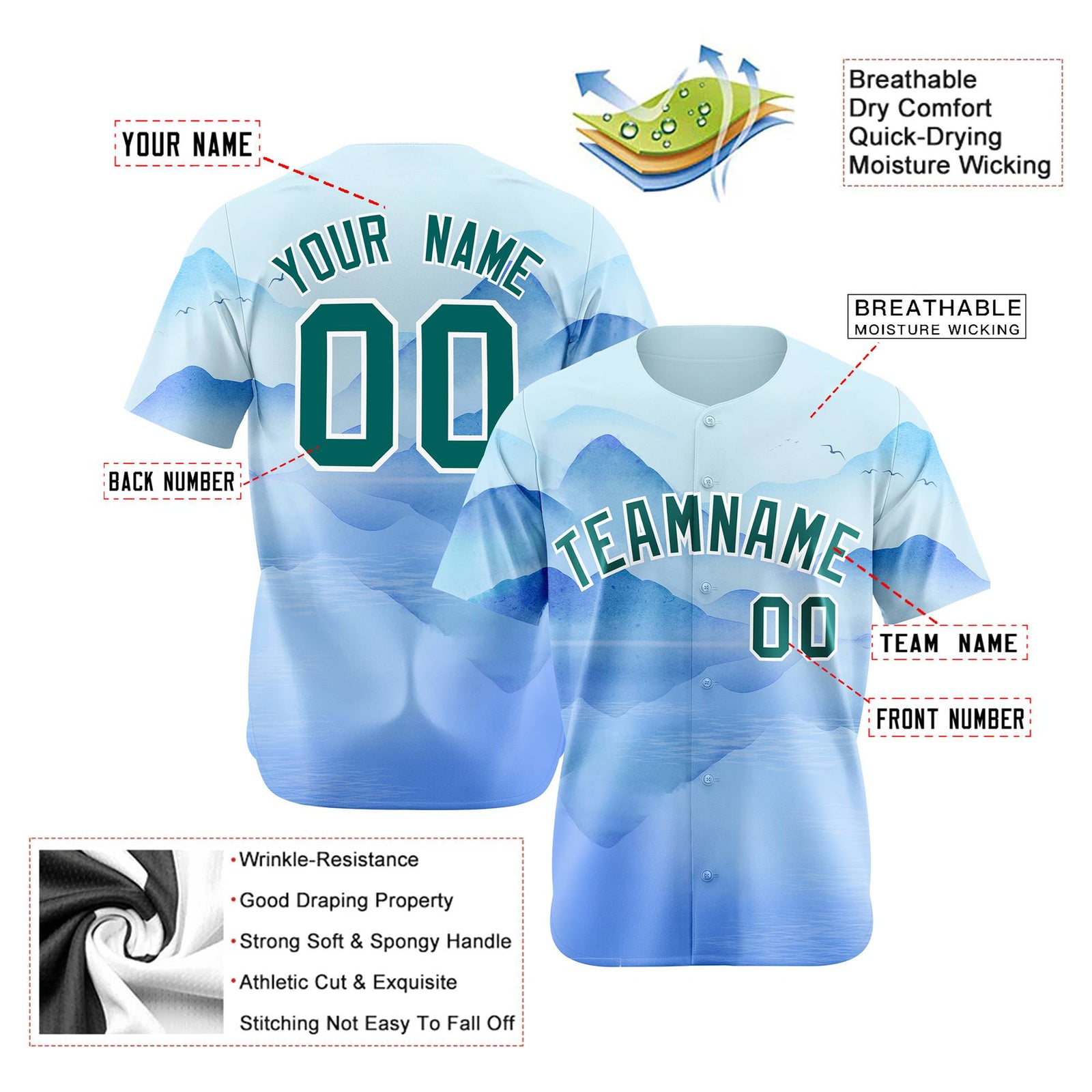 Custom White Kelly Green Blue Authentic Printed Fashion Baseball Jersey