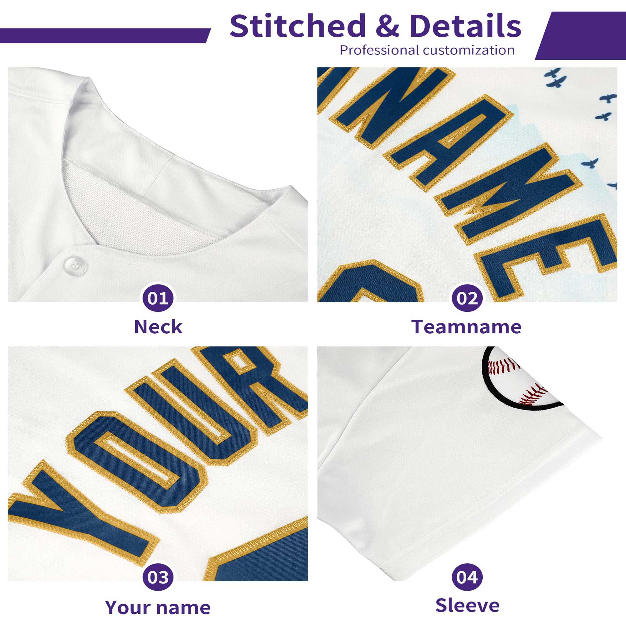 Custom White Purple Gold Authentic Printed Fashion Baseball Jersey