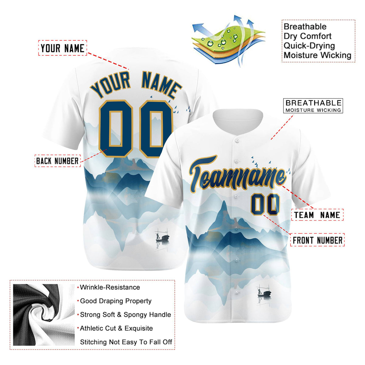 Custom White Light Blue Gold Authentic Printed Fashion Baseball Jersey