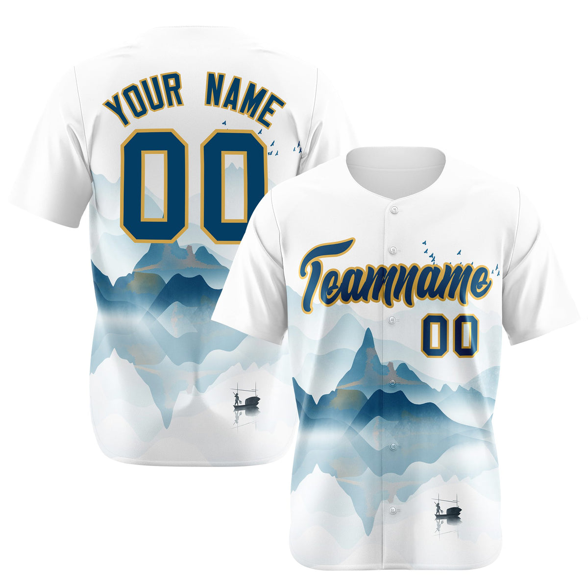 Custom White Light Blue Gold Authentic Printed Fashion Baseball Jersey