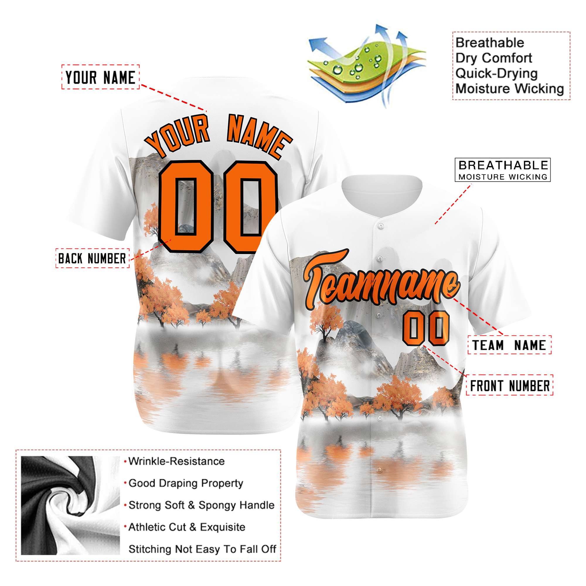 Custom White Orange Black Authentic Printed Fashion Baseball Jersey