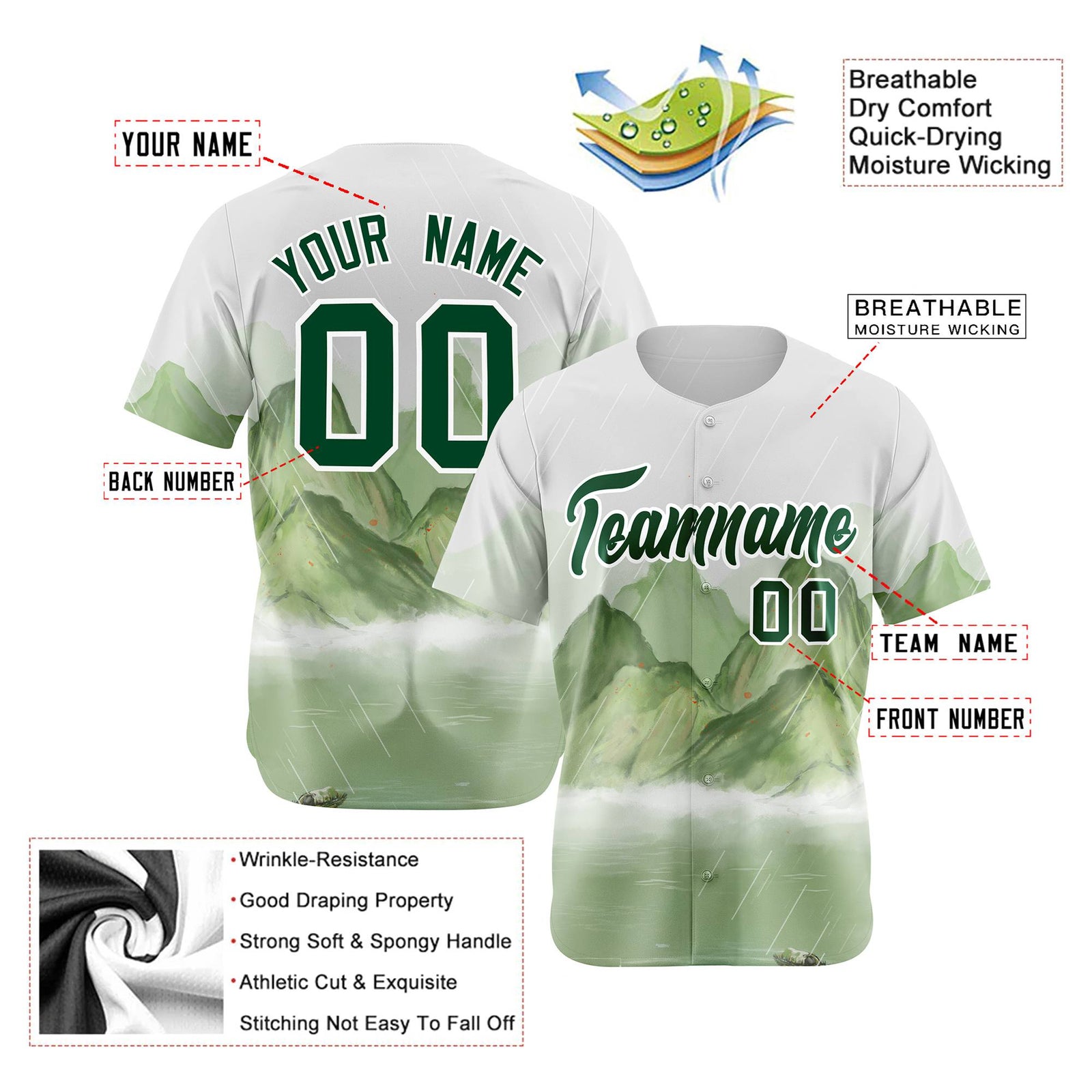 Custom White Kelly Green Authentic Printed Fashion Baseball Jersey