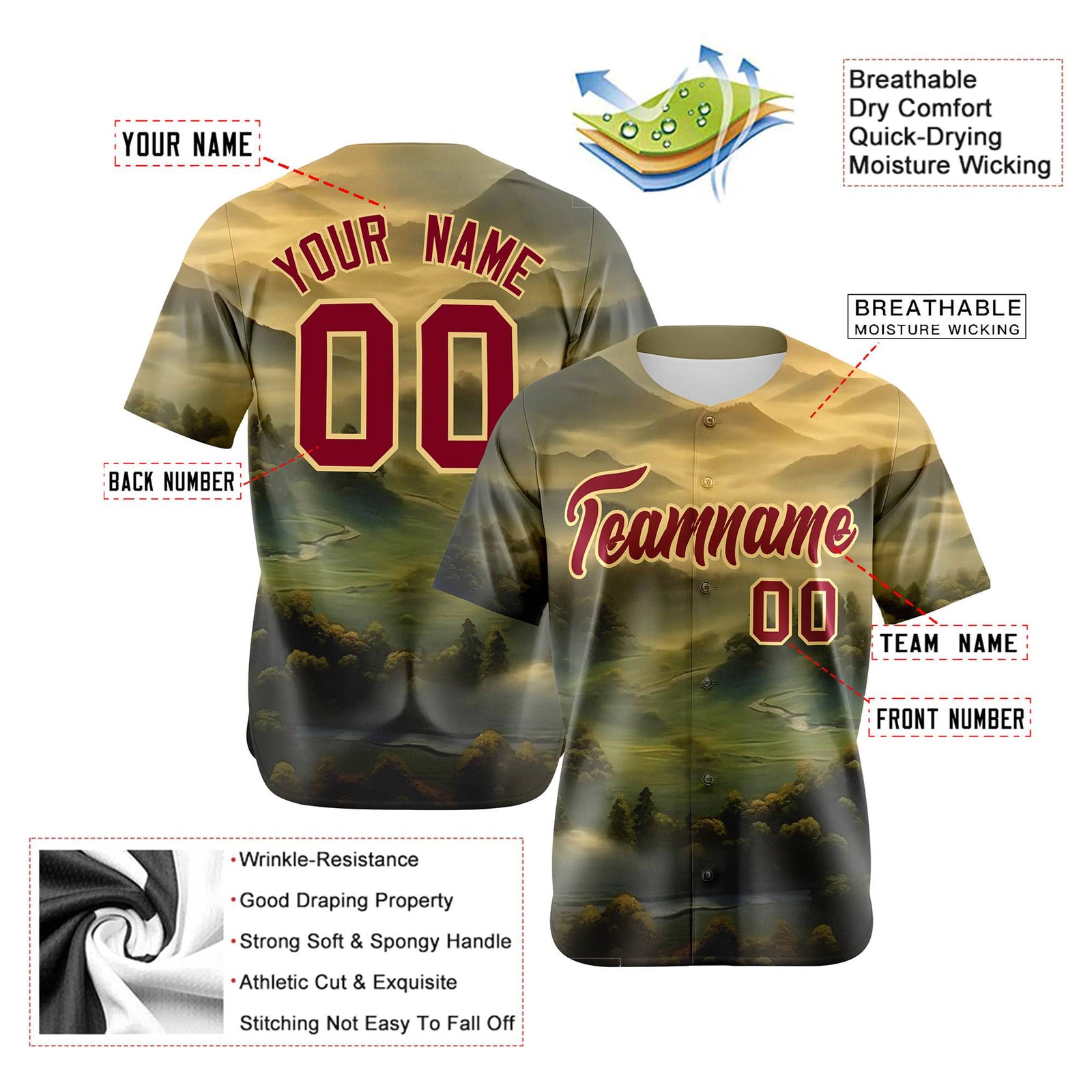 Custom White Burgundy Gold Authentic Printed Fashion Baseball Jersey