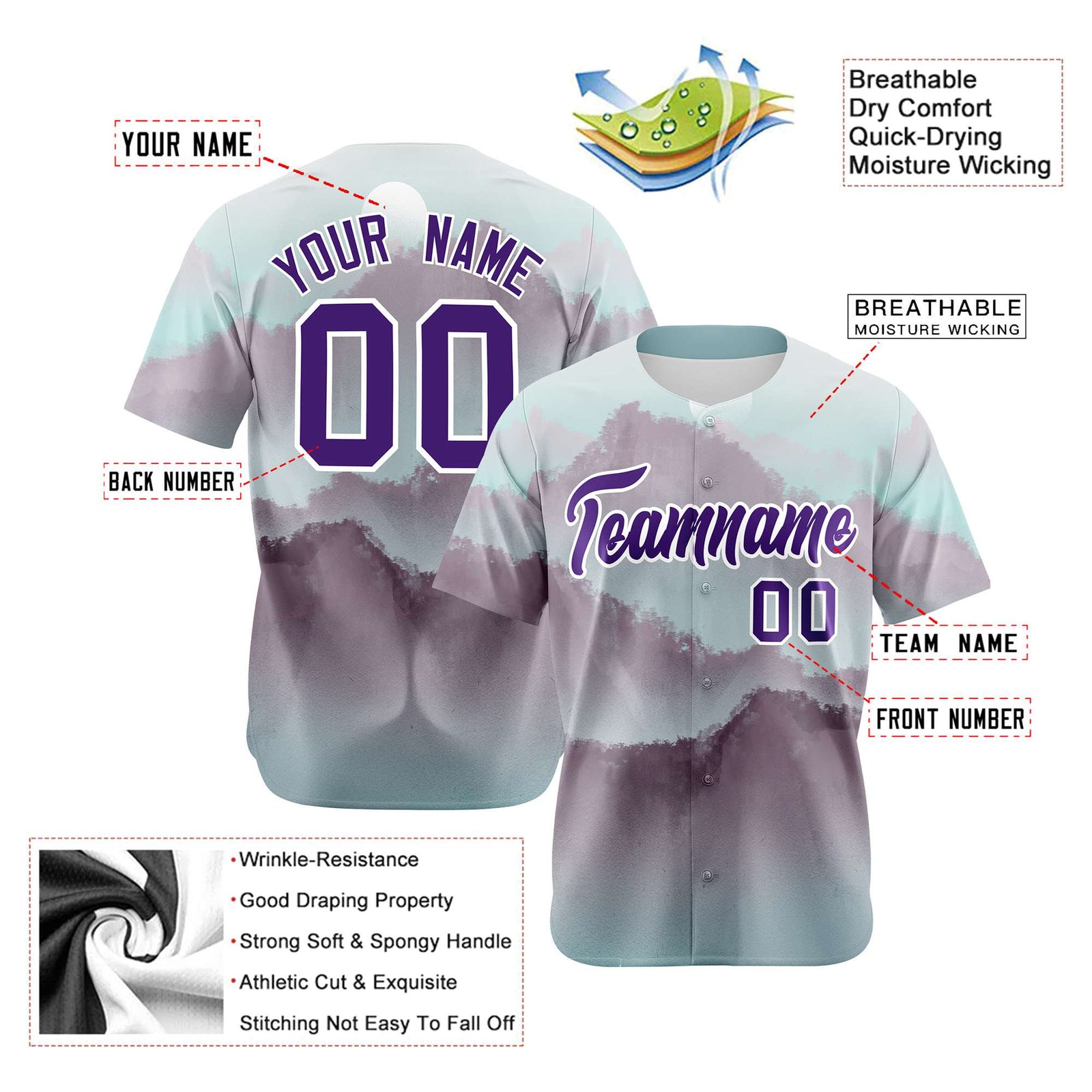 Custom White Purple Gray Authentic Printed Fashion Baseball Jersey