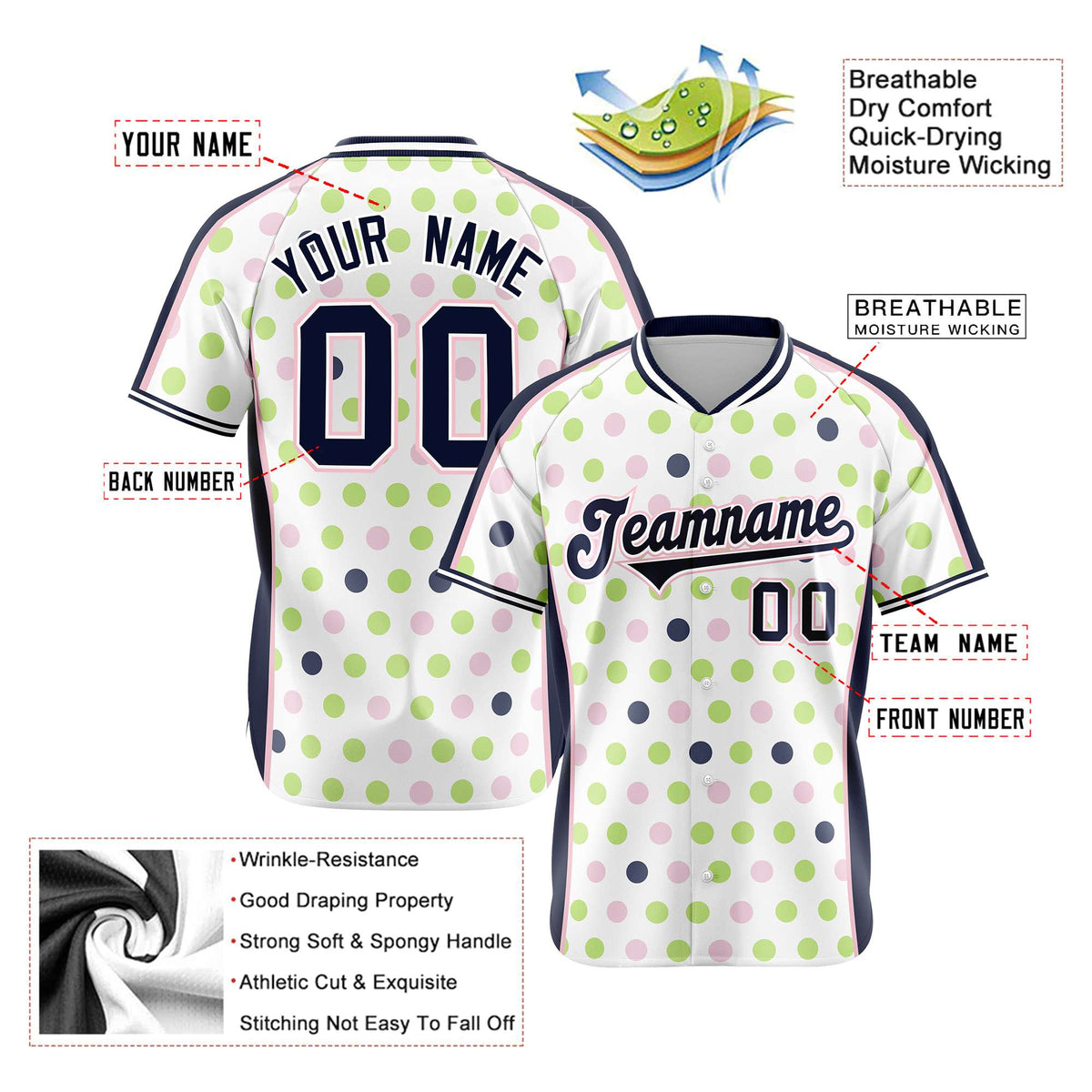 Custom White Navy Green Authentic Polka Dot Fashion Baseball Jersey