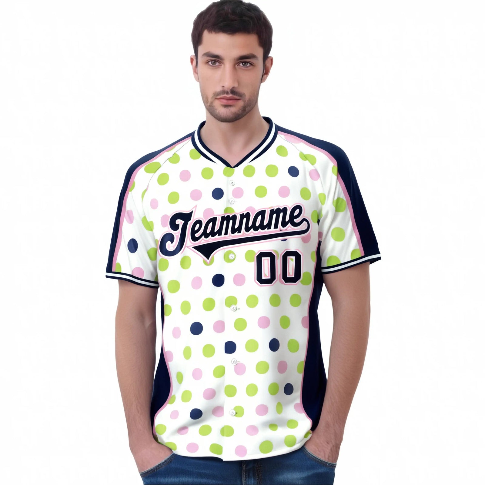 Custom White Navy Green Authentic Polka Dot Fashion Baseball Jersey