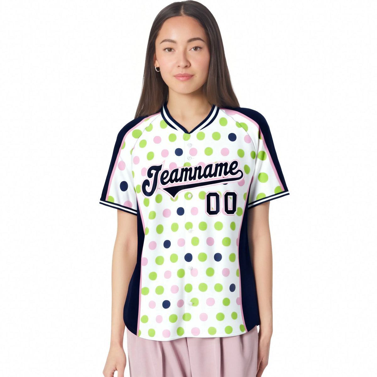 Custom White Navy Green Authentic Polka Dot Fashion Baseball Jersey