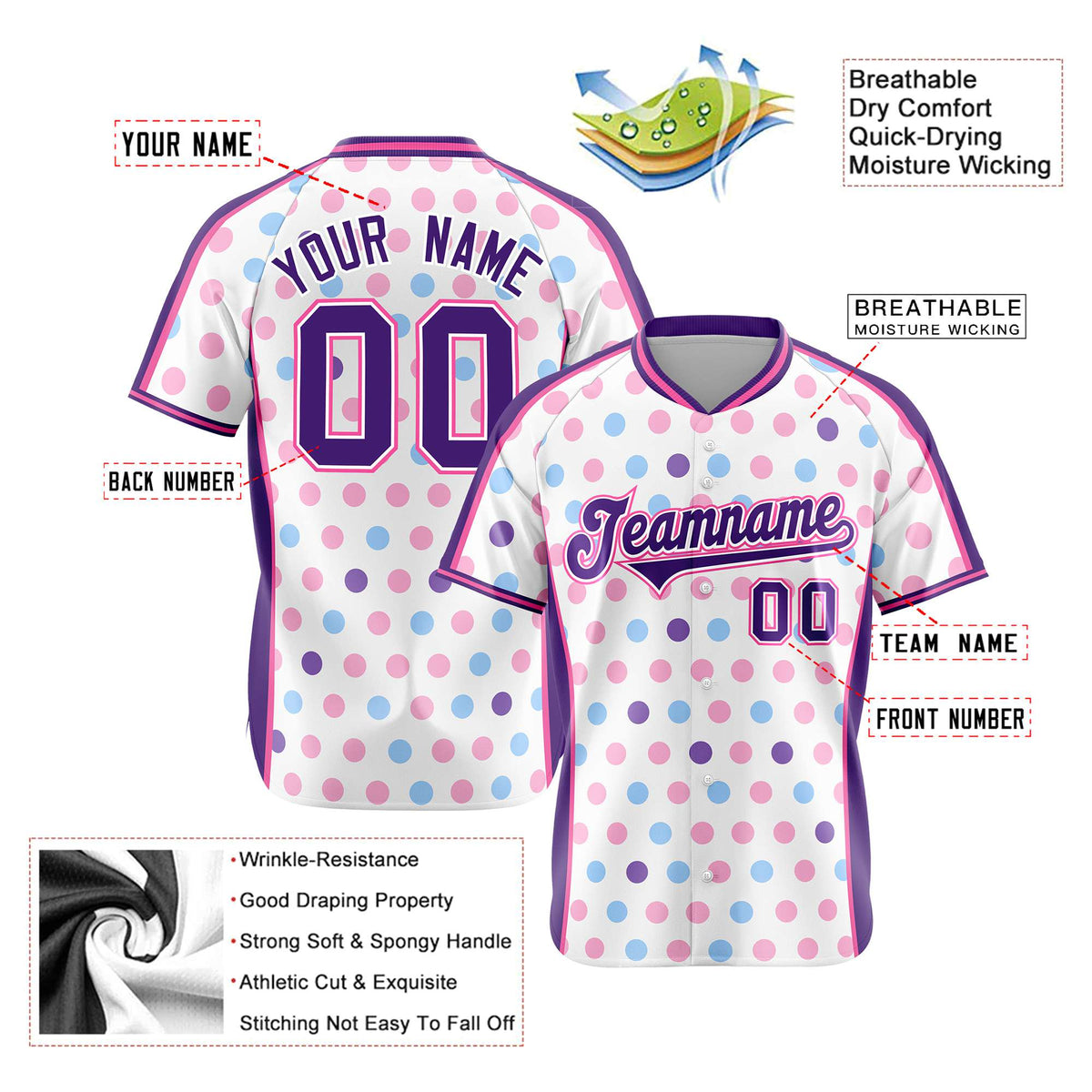 Custom White Purple Blue-Pink Authentic Polka Dot Fashion Baseball Jersey