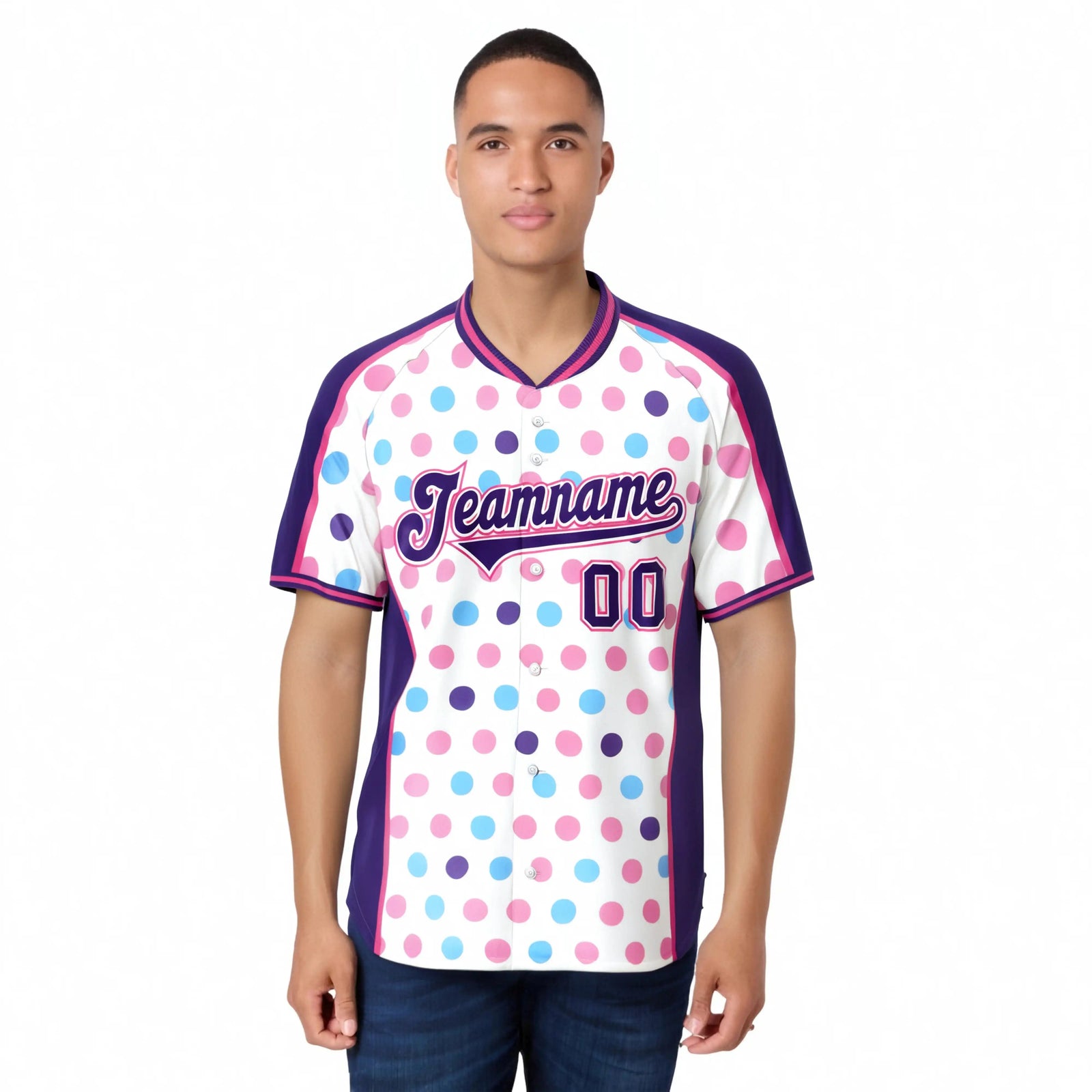 Custom White Purple Blue-Pink Authentic Polka Dot Fashion Baseball Jersey