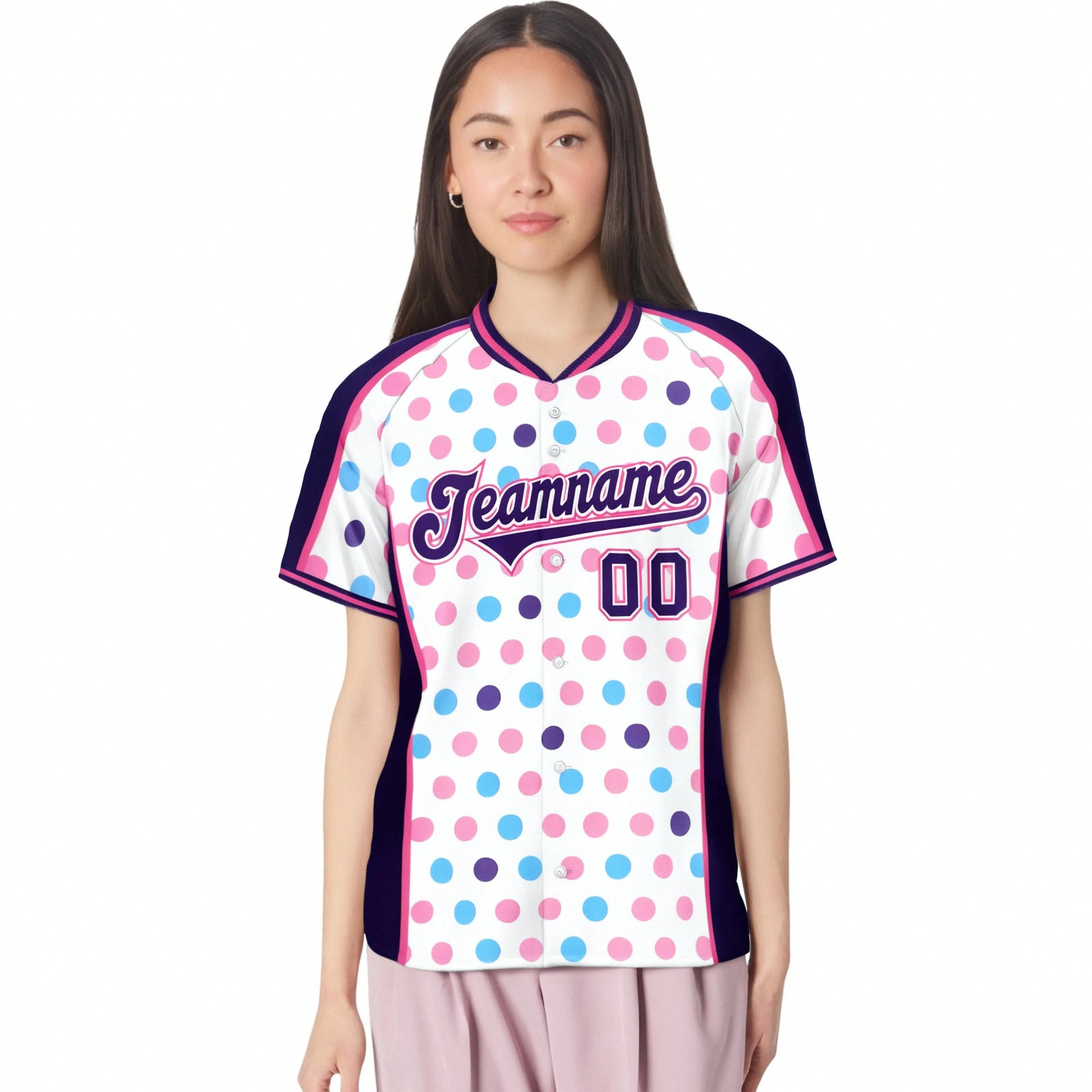 Custom White Purple Blue-Pink Authentic Polka Dot Fashion Baseball Jersey