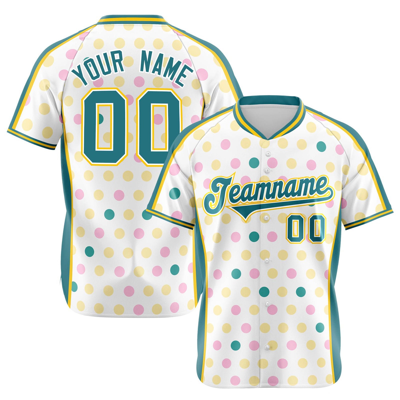 Custom White Aqua Gold Authentic Polka Dot Fashion Baseball Jersey