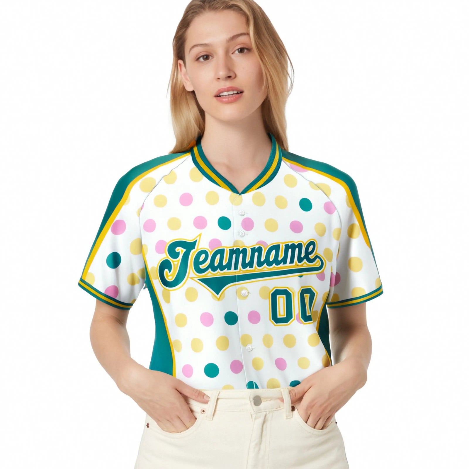 Custom White Aqua Gold Authentic Polka Dot Fashion Baseball Jersey