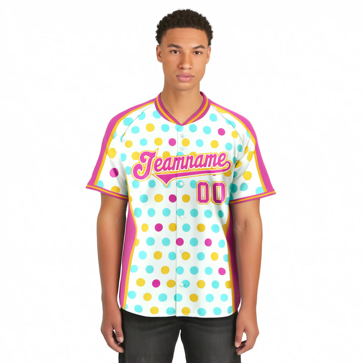 Custom White Pink Gold Authentic Polka Dot Fashion Baseball Jersey