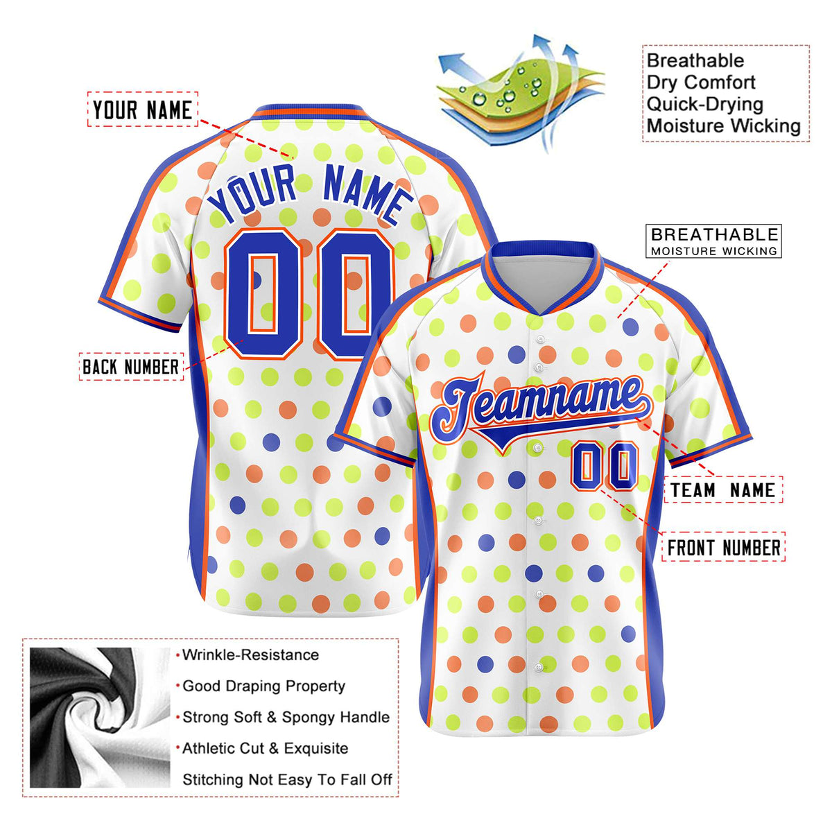 Custom White Royal Blue Orange Authentic Polka Dot Fashion Baseball Jersey