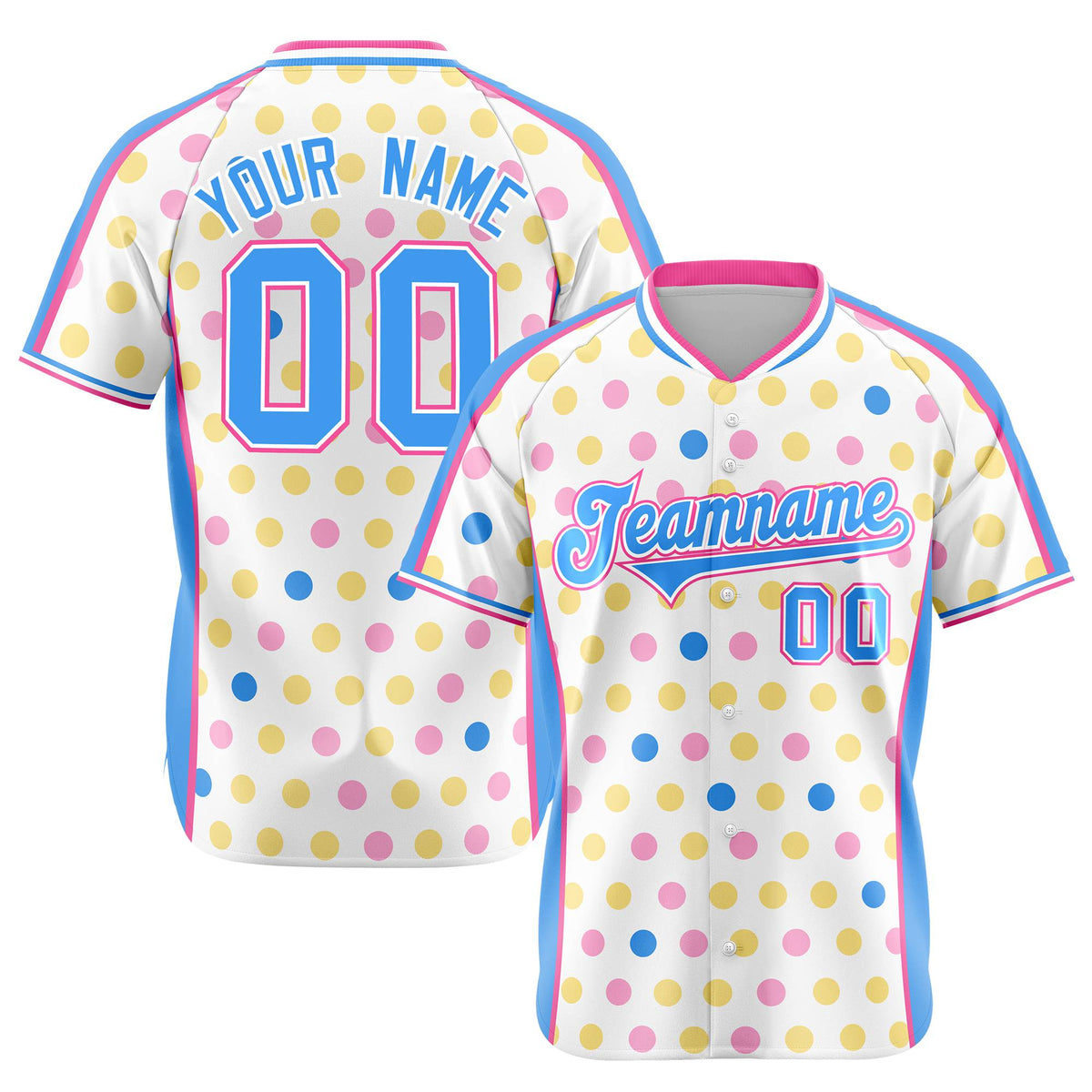 Custom White Powder Blue Pink Gold Authentic Polka Dot Fashion Baseball Jersey