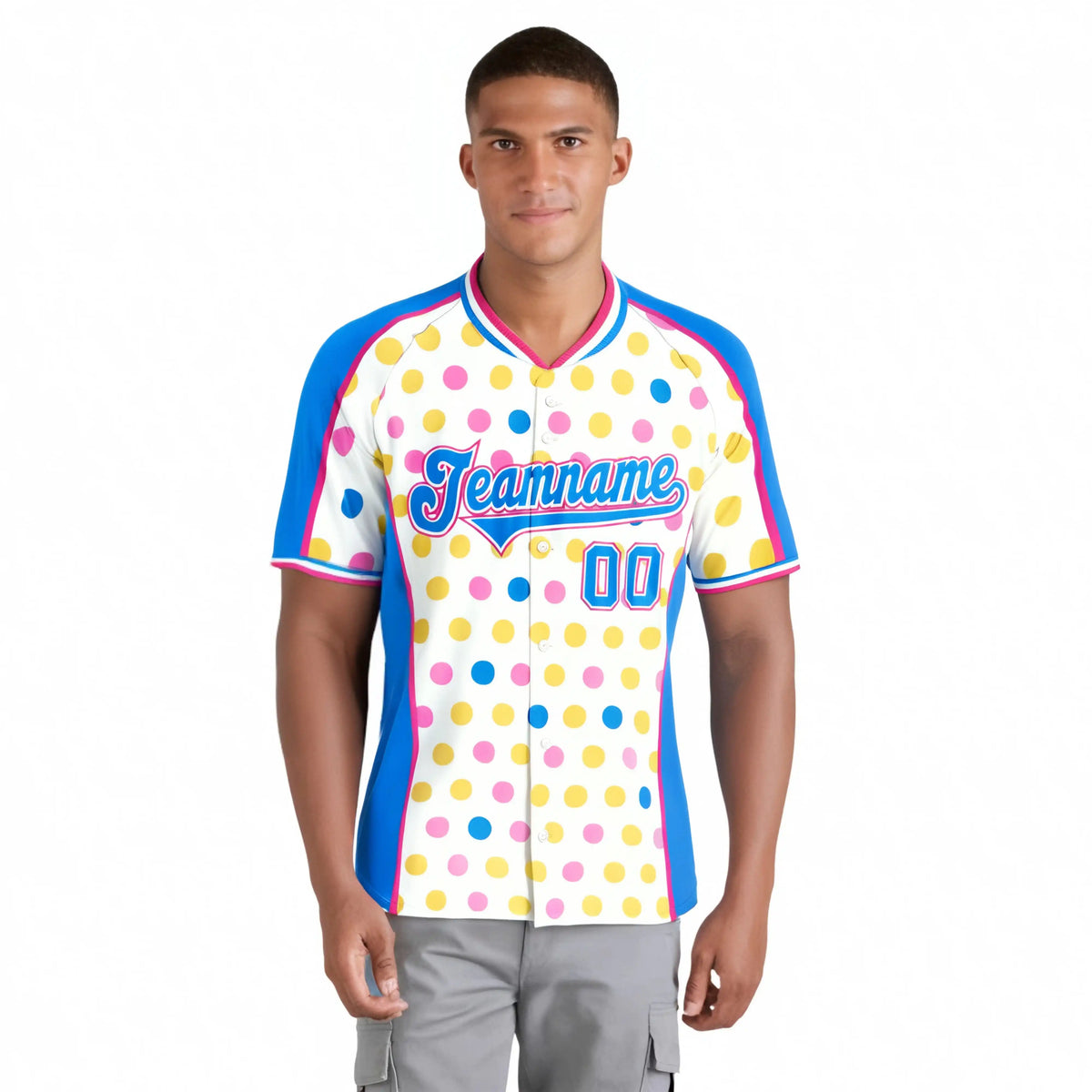 Custom White Powder Blue Pink Gold Authentic Polka Dot Fashion Baseball Jersey