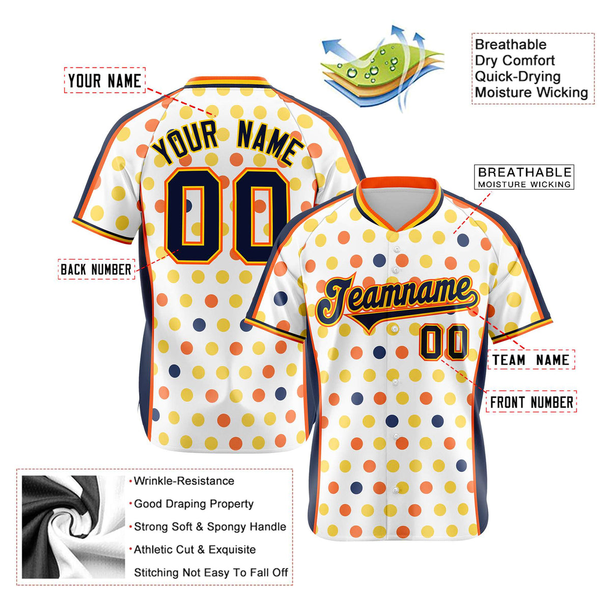 Custom White Navy Orange Gold Authentic Polka Dot Fashion Baseball Jersey