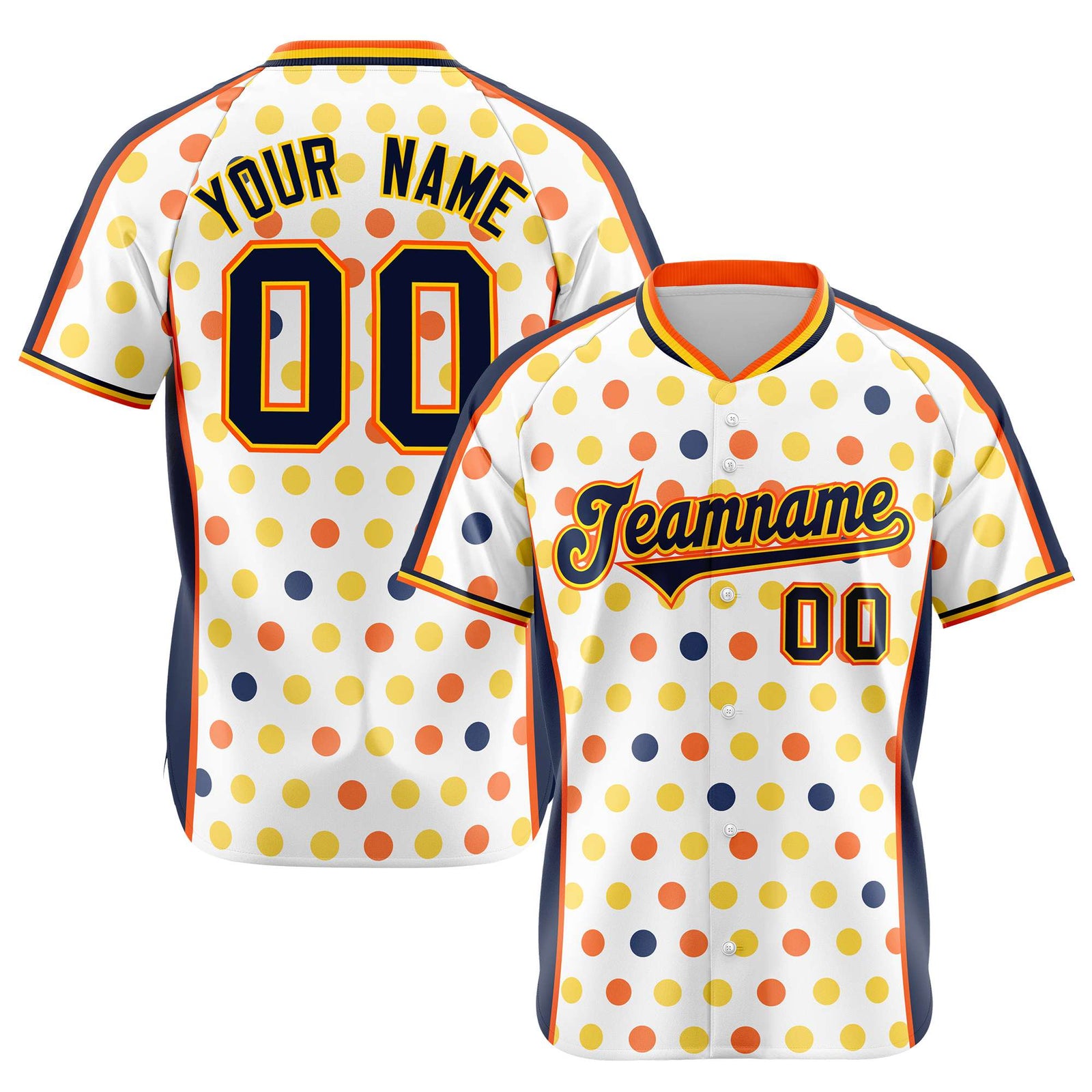 Custom White Navy Orange Gold Authentic Polka Dot Fashion Baseball Jersey