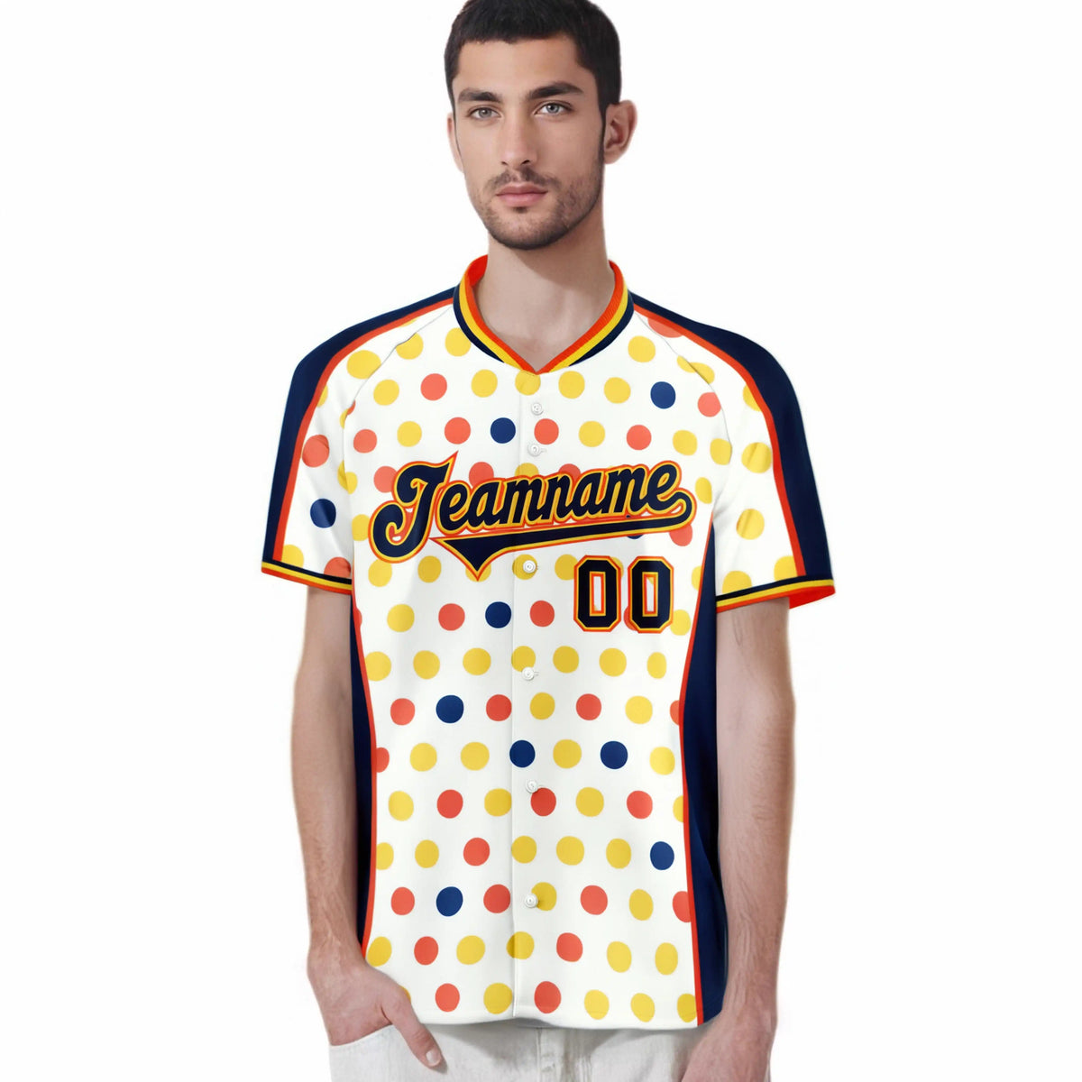 Custom White Navy Orange Gold Authentic Polka Dot Fashion Baseball Jersey