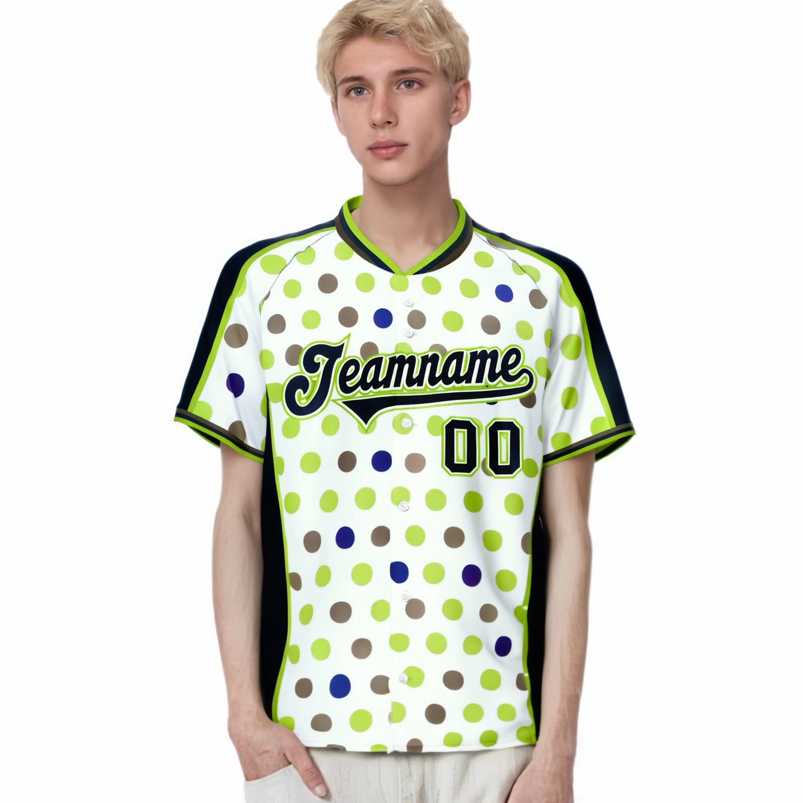 Custom White Navy Neon Green Authentic Polka Dot Fashion Baseball Jersey